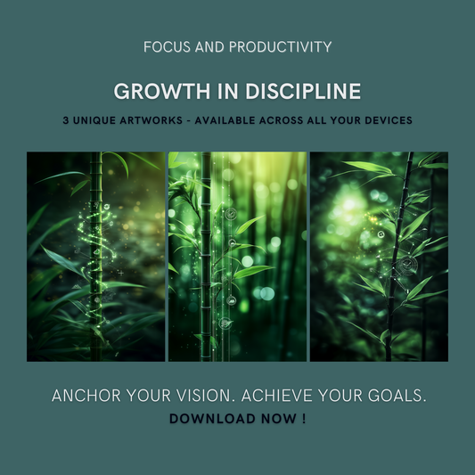 Growth in Discipline Bundle cover image showing three unique bamboo-inspired digital artworks for Focus and Productivity.