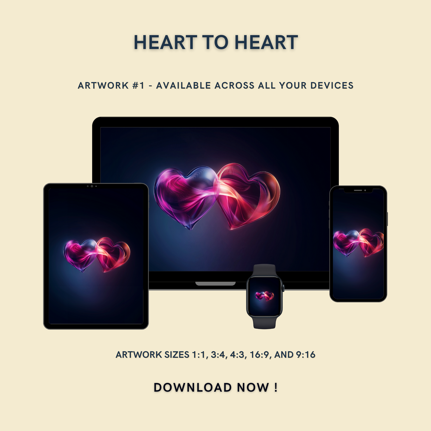 Heart to Heart Artwork #1 displayed on multiple devices including tablet, laptop, smartphone, and smartwatch, available in five sizes.