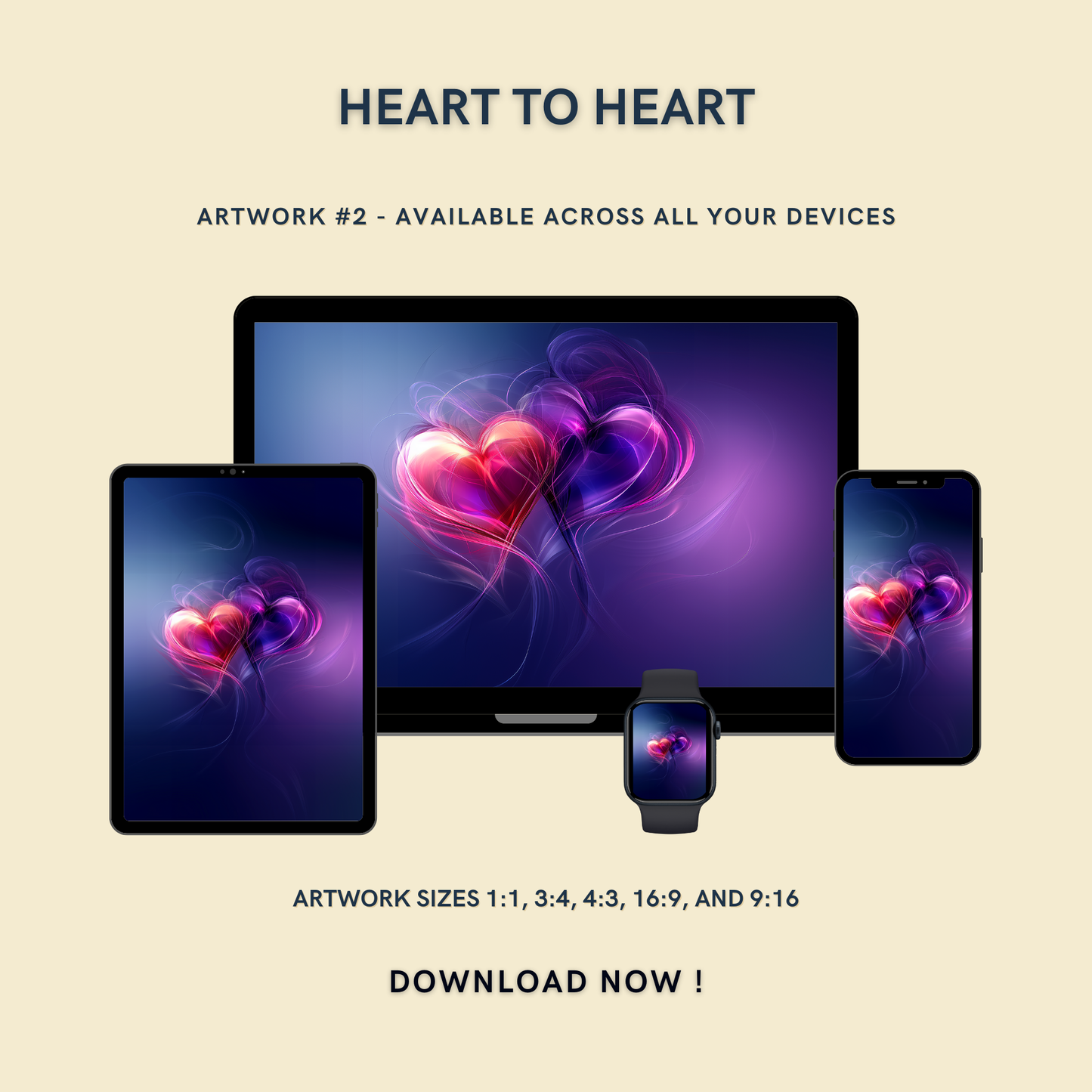 Heart to Heart Artwork #3 displayed on multiple devices including tablet, laptop, smartphone, and smartwatch, available in five sizes.