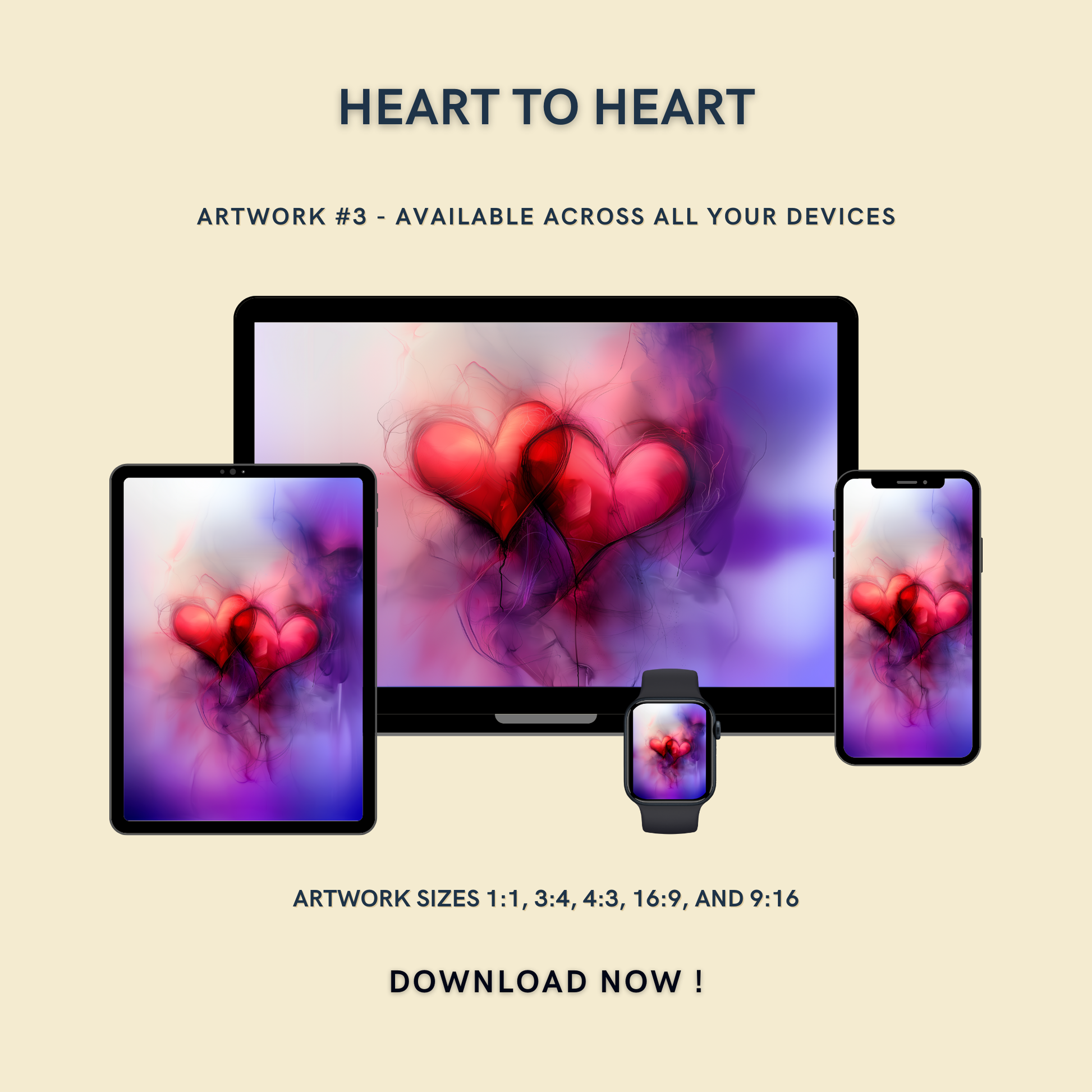 Heart to Heart Artwork #2 displayed on multiple devices including tablet, laptop, smartphone, and smartwatch, available in five sizes.