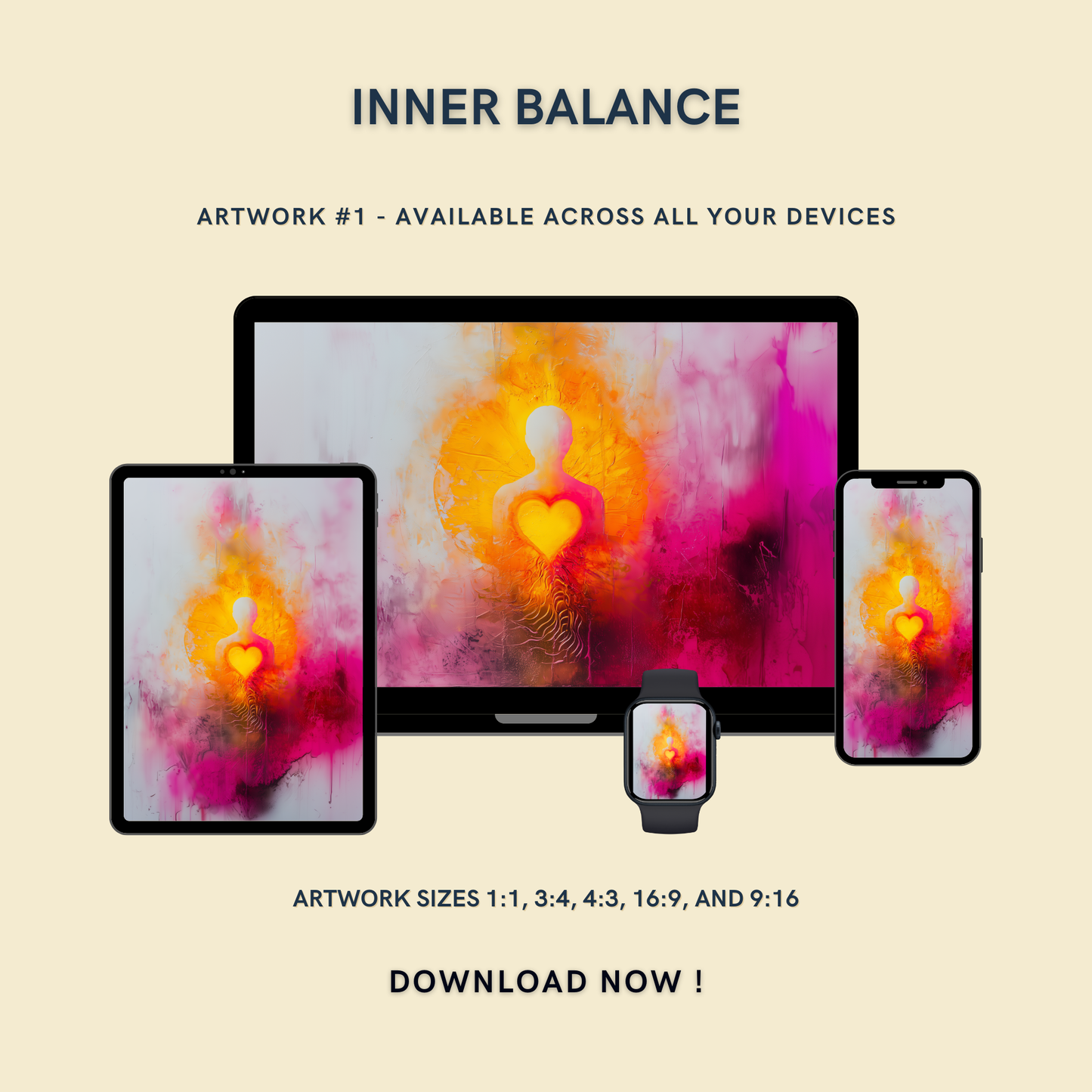 Inner Balance Artwork #1 displayed on multiple devices including tablet, laptop, smartphone, and smartwatch, available in five sizes.