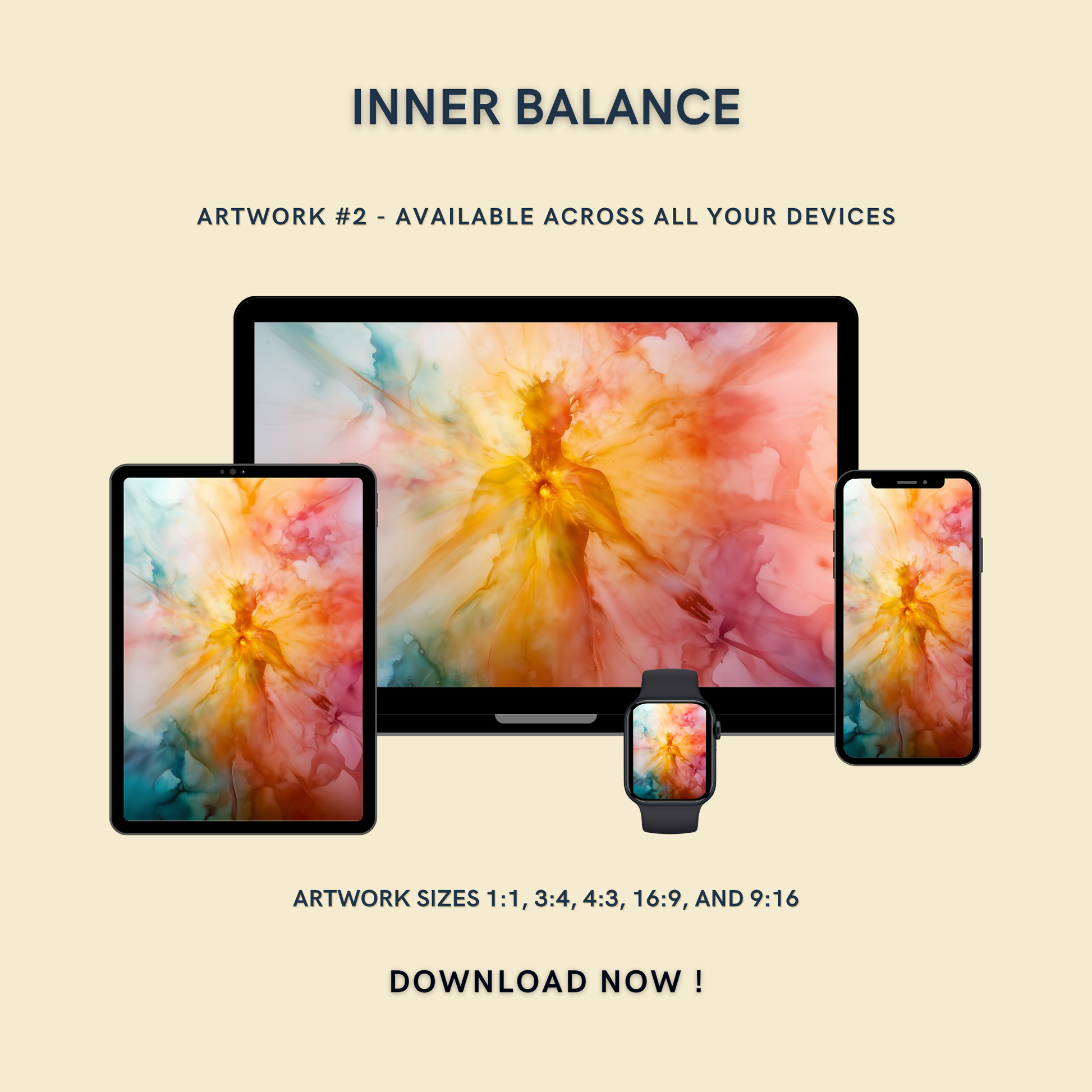 Inner Balance Artwork #2 displayed on multiple devices including tablet, laptop, smartphone, and smartwatch, available in five sizes.