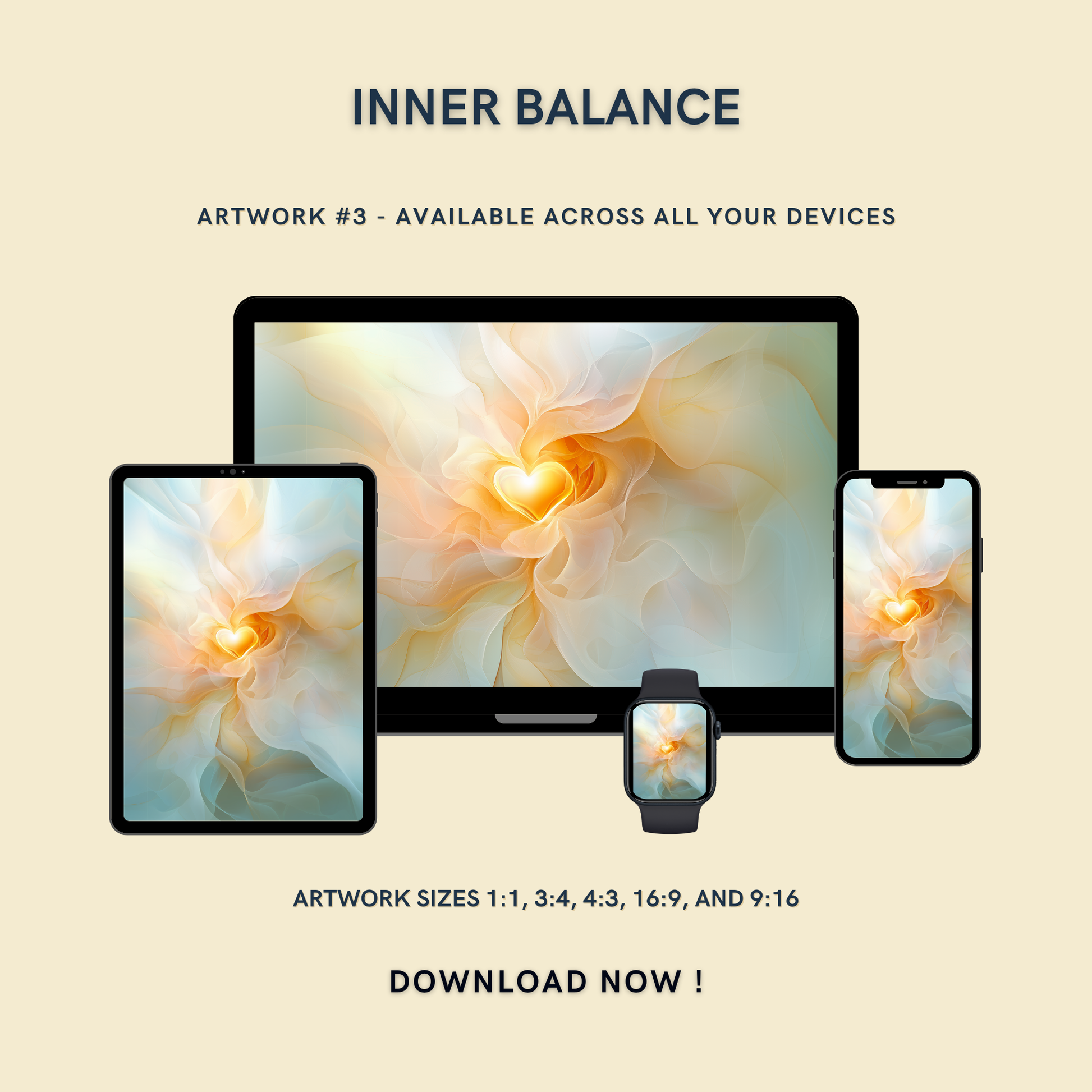 Inner Balance Artwork #3 displayed on multiple devices including tablet, laptop, smartphone, and smartwatch, available in five sizes.