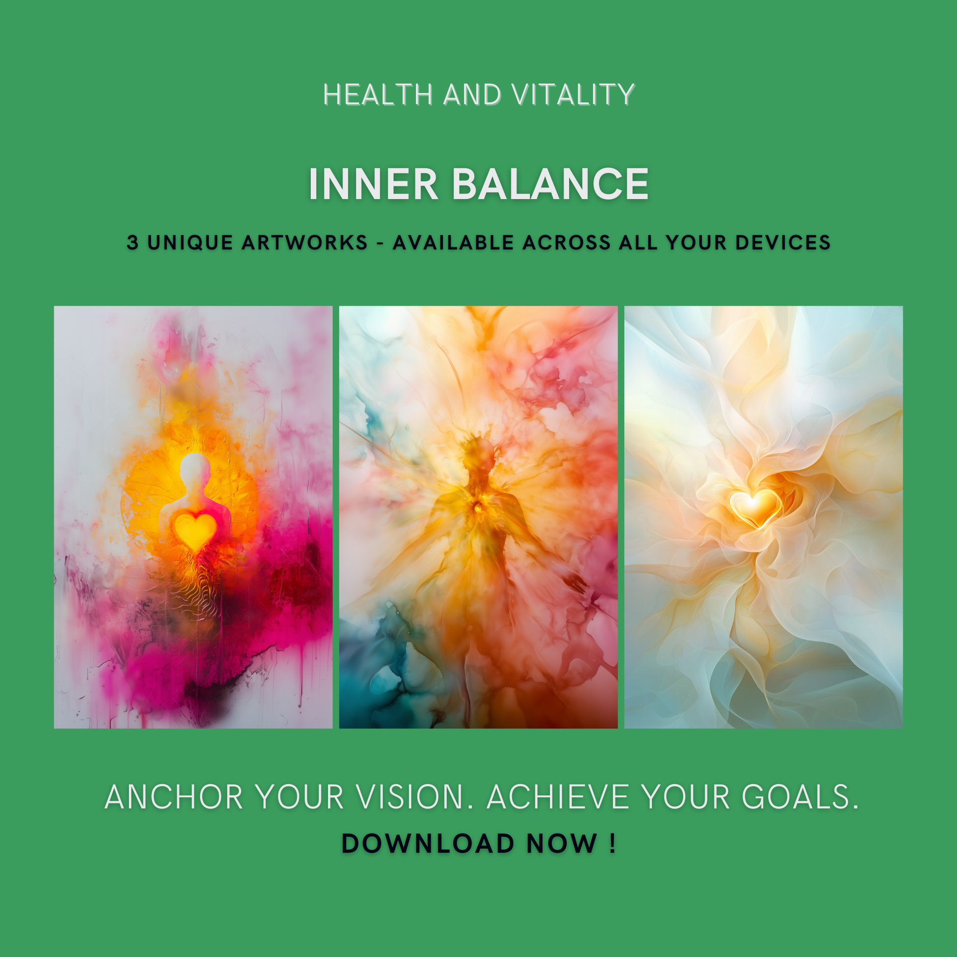 Inner Balance Bundle cover image showing three unique heart-centered artworks for health, vitality, and inner peace.