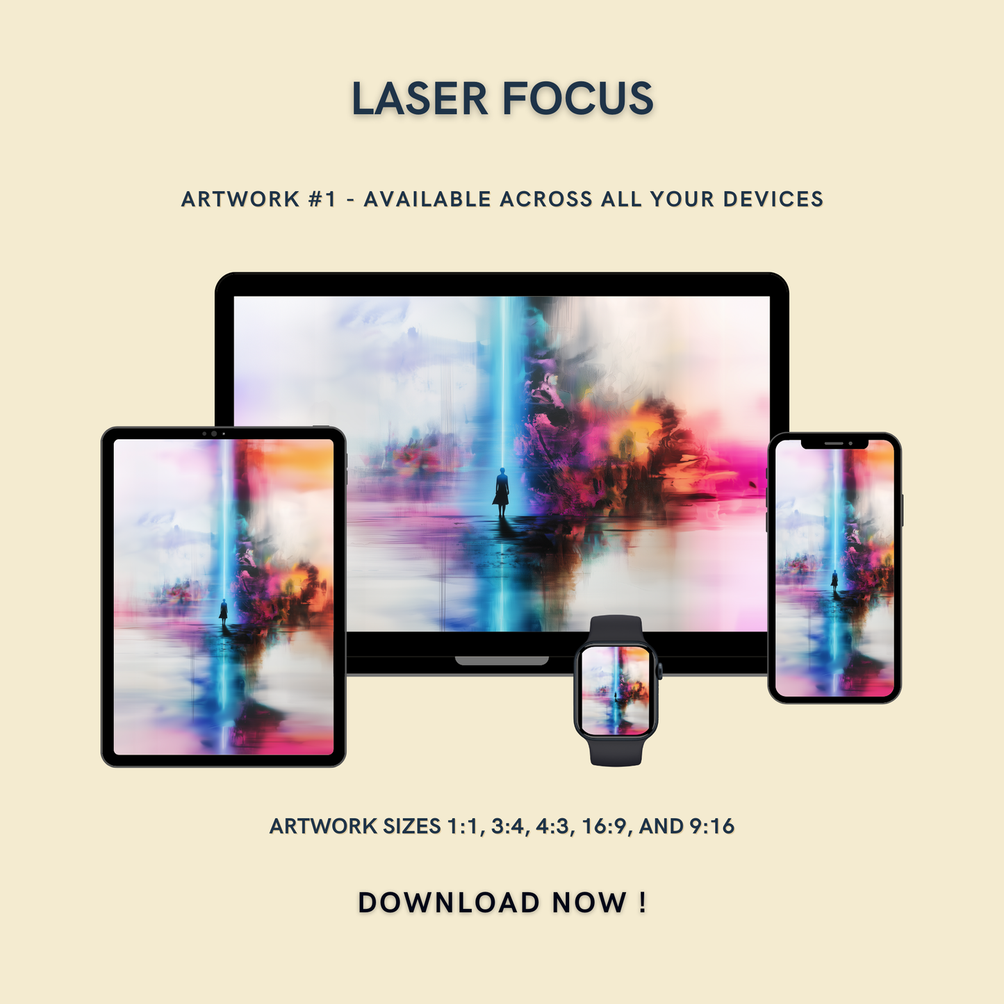 Laser Focus Artwork #1 displayed on multiple devices including tablet, laptop, smartphone, and smartwatch, available in five sizes.