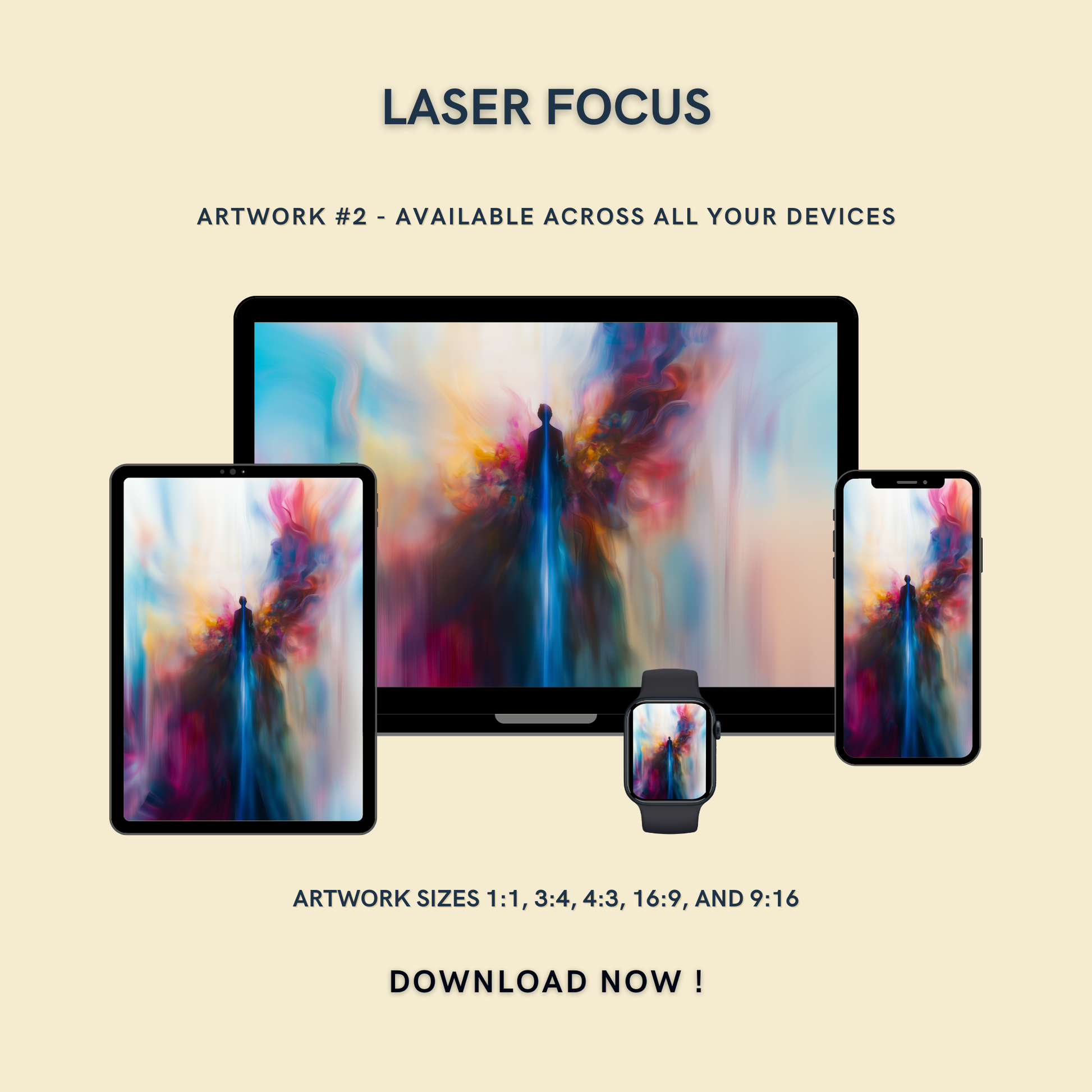 Laser Focus Artwork #2 displayed on multiple devices including tablet, laptop, smartphone, and smartwatch, available in five sizes.