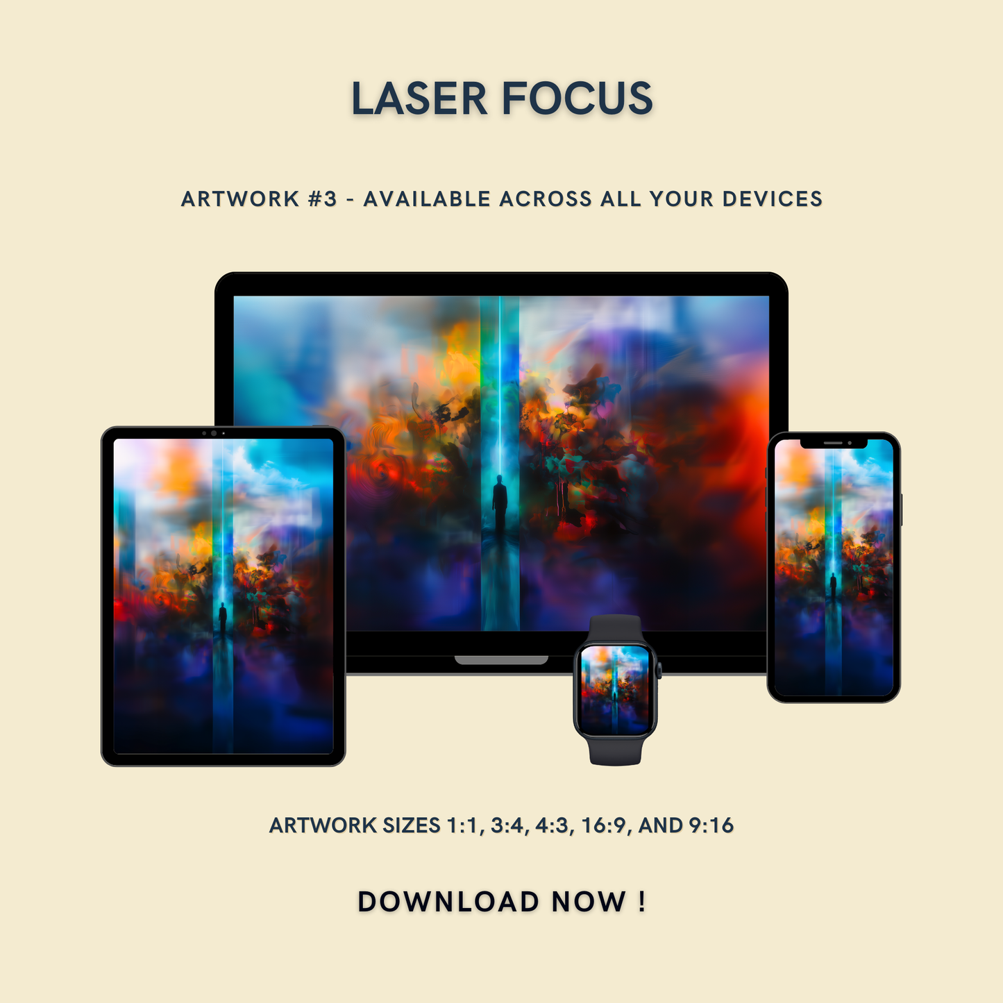 Laser Focus Artwork #3 displayed on multiple devices including tablet, laptop, smartphone, and smartwatch, available in five sizes.