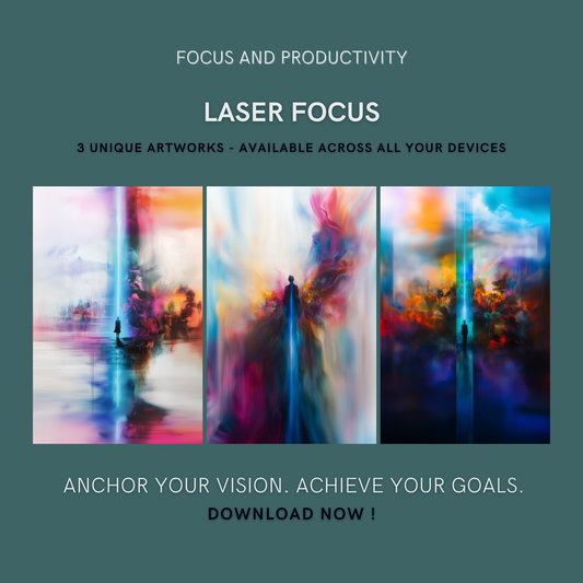 Laser Focus Bundle cover image showing three unique abstract-light artworks for the Focus and Productivity Collection.