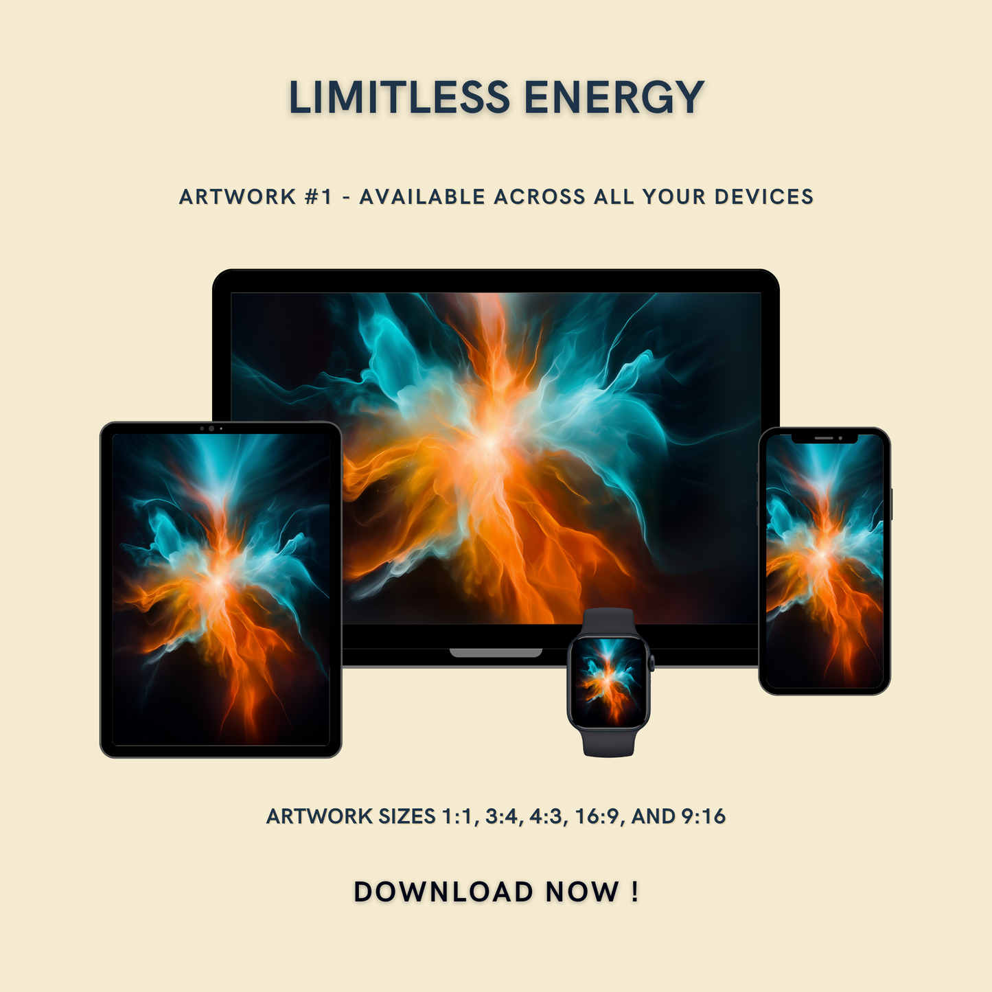 Limitless Energy Artwork #1 displayed on multiple devices including tablet, laptop, smartphone, and smartwatch, available in five sizes.