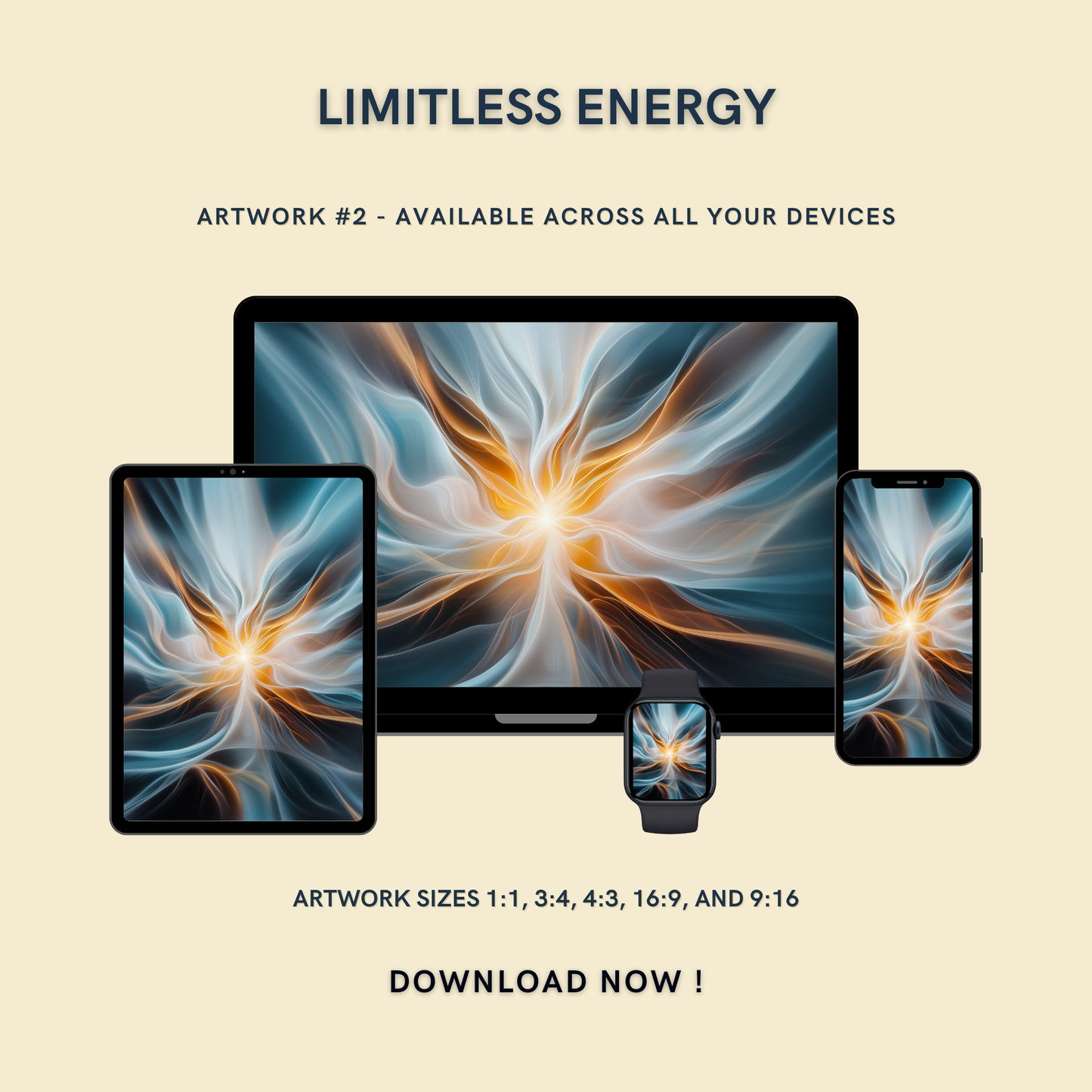 Limitless Energy Artwork #2 displayed on multiple devices including tablet, laptop, smartphone, and smartwatch, available in five sizes.