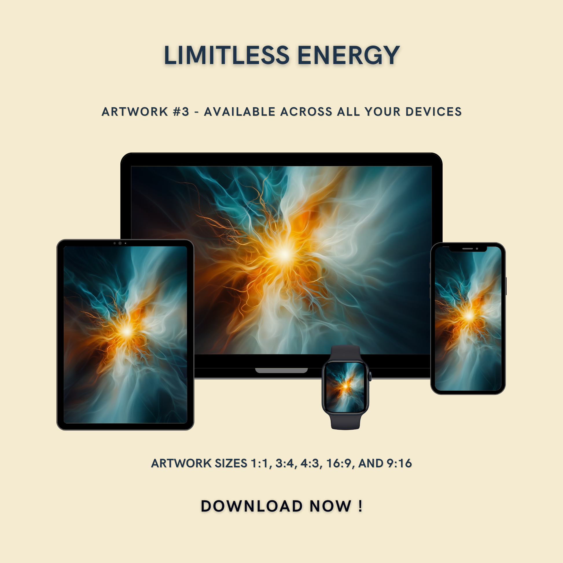 Limitless Energy Artwork #3 displayed on multiple devices including tablet, laptop, smartphone, and smartwatch, available in five sizes.