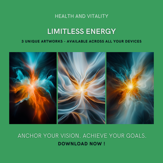 Limitless Energy Bundle cover image showing three unique artworks representing vitality, dynamism, and radiant power.