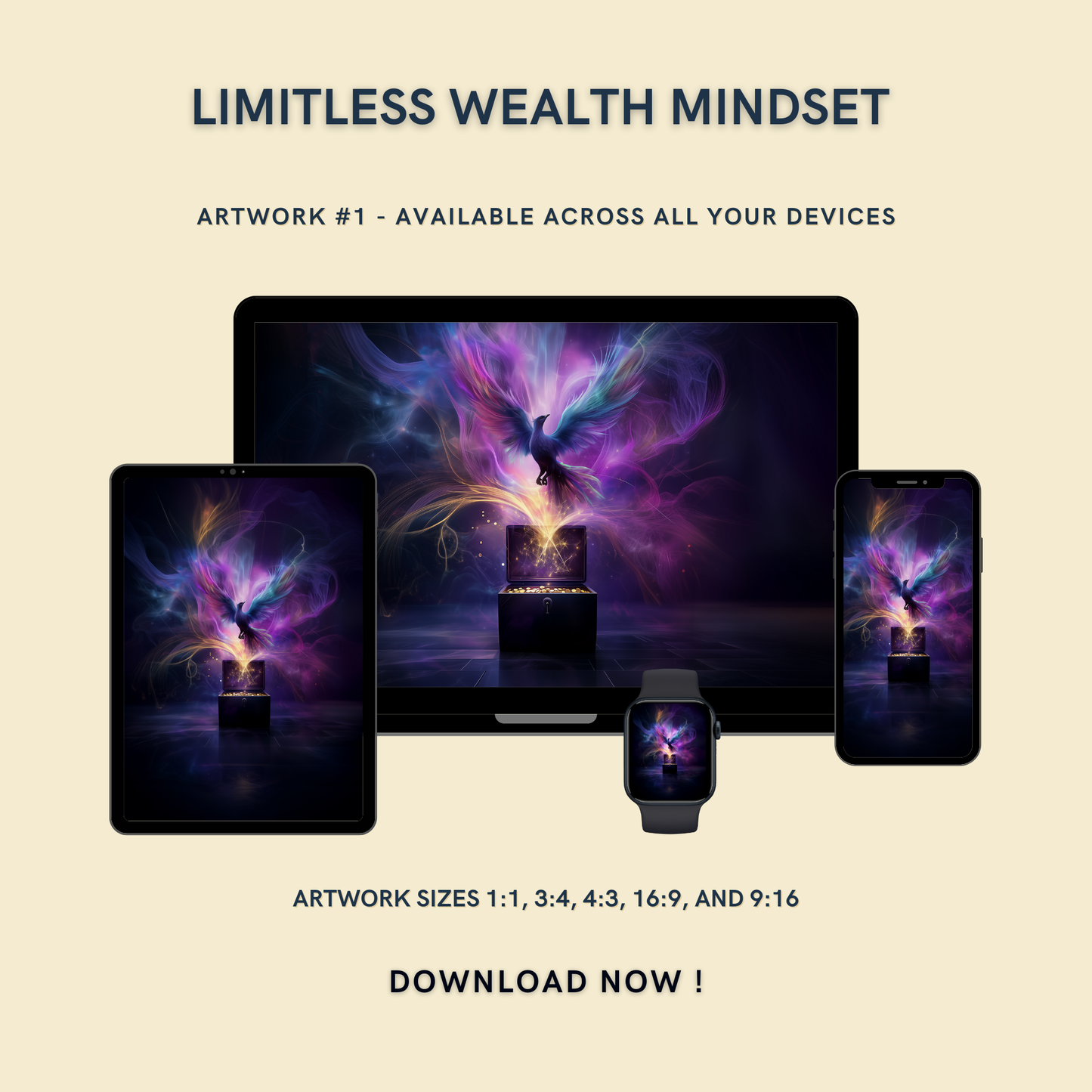 Limitless Wealth Mindset Artwork #1 displayed on multiple devices including tablet, laptop, smartphone, and smartwatch, available in five sizes.