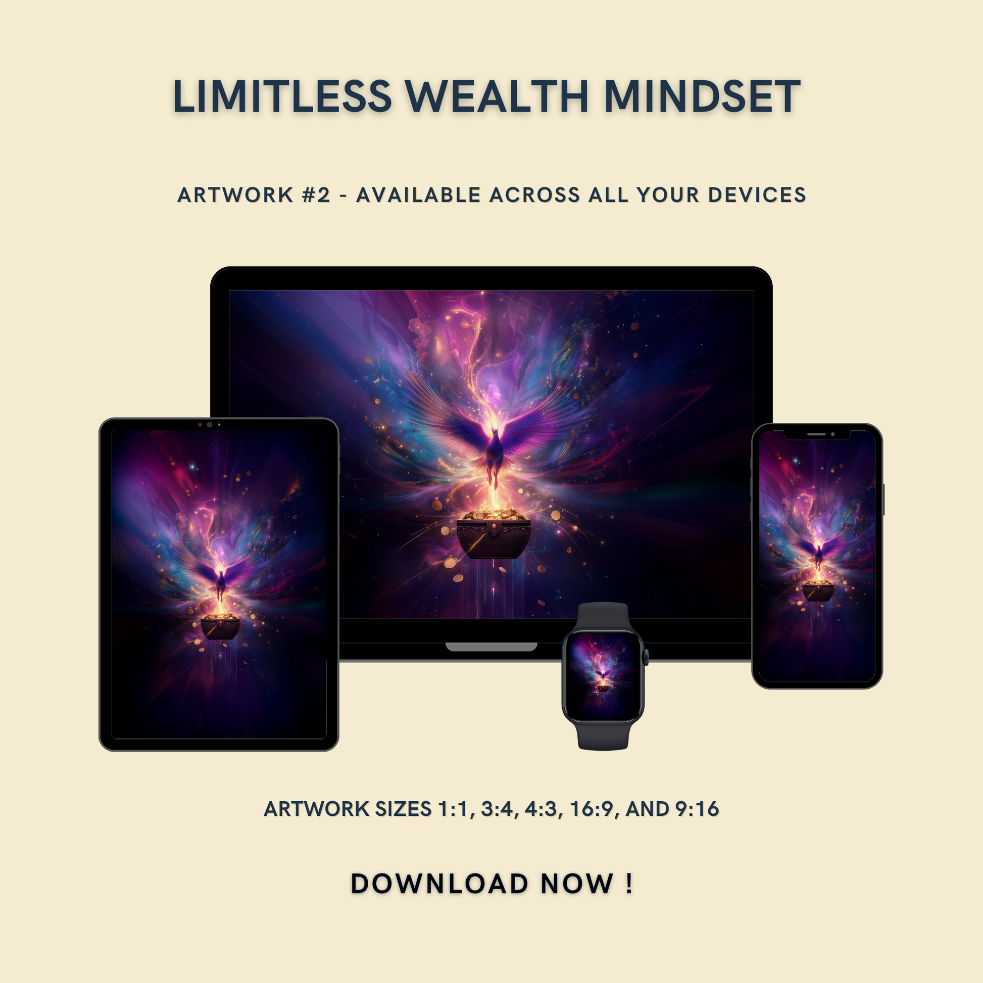 Limitless Wealth Mindset Artwork #2 displayed on multiple devices including tablet, laptop, smartphone, and smartwatch, available in five sizes.