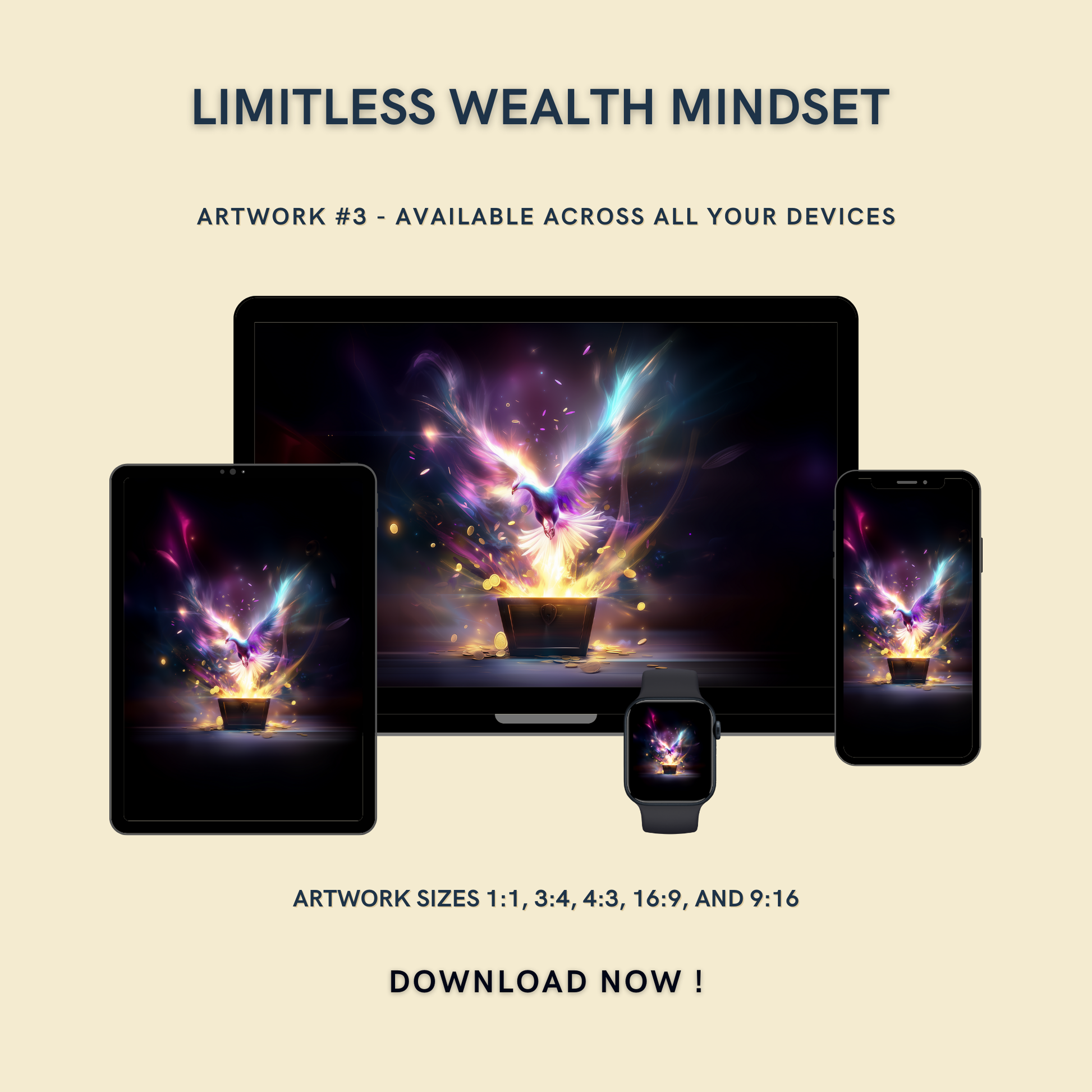 Limitless Wealth Mindset Artwork #3 displayed on multiple devices including tablet, laptop, smartphone, and smartwatch, available in five sizes.