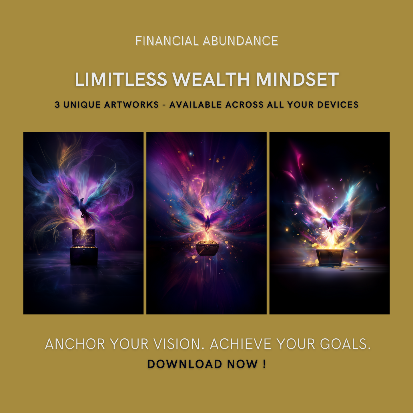 Limitless Wealth Mindset Bundle cover image showing three unique artworks of a vibrant, ascending bird emerging from a treasure chest for financial abundance and prosperity.