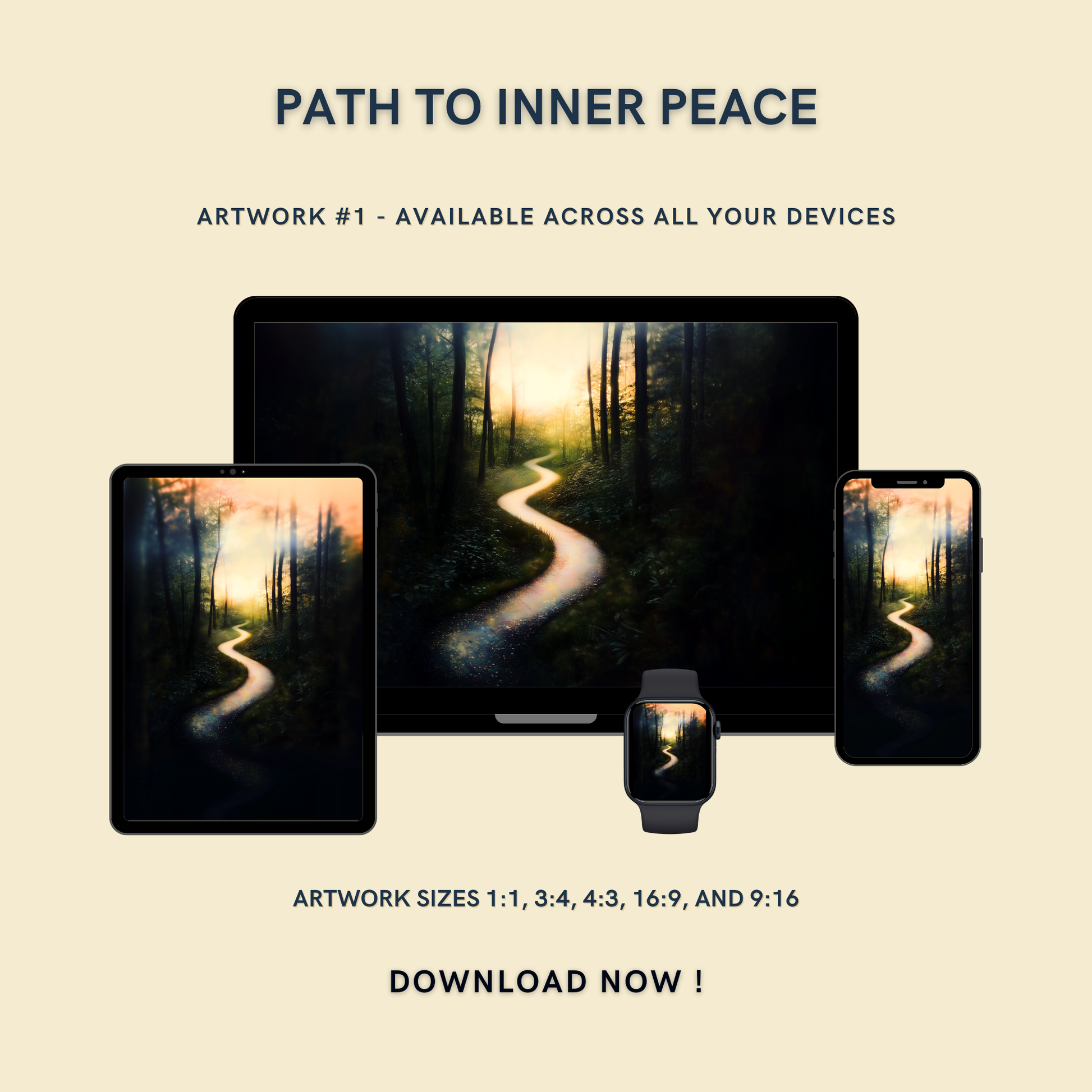 Path to Inner Peace Artwork #1 displayed on multiple devices including tablet, laptop, smartphone, and smartwatch, available in five sizes.