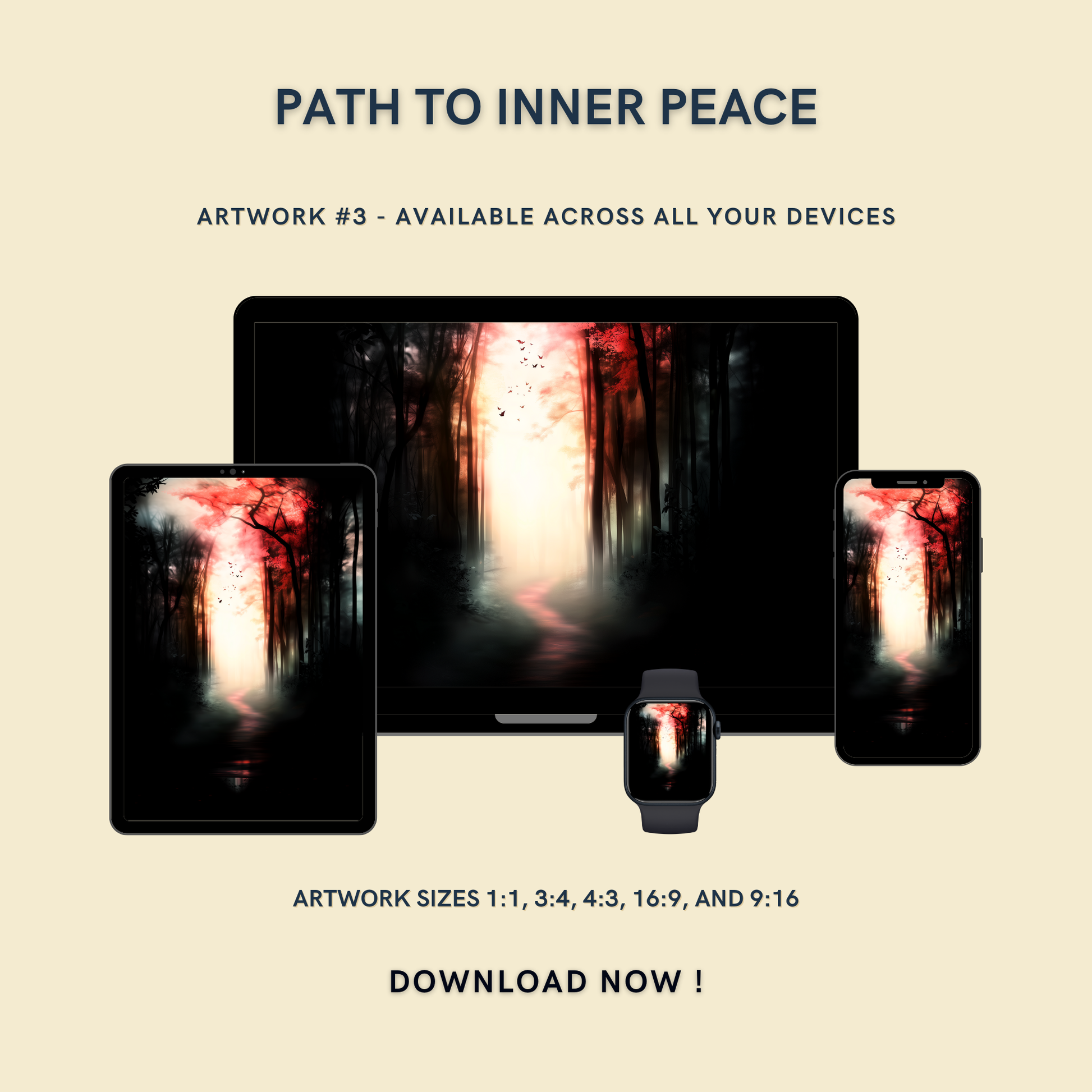 Path to Inner Peace Artwork #3 displayed on multiple devices including tablet, laptop, smartphone, and smartwatch, available in five sizes.