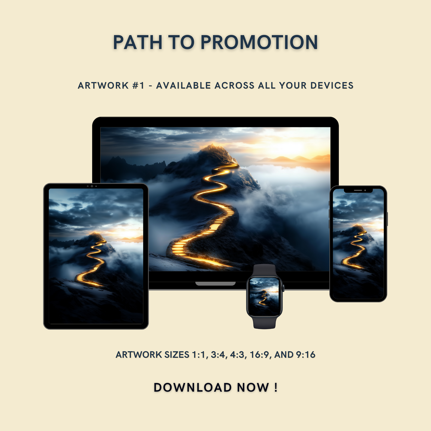 Path to Promotion Artwork #1 displayed on multiple devices including tablet, laptop, smartphone, and smartwatch, available in five sizes.