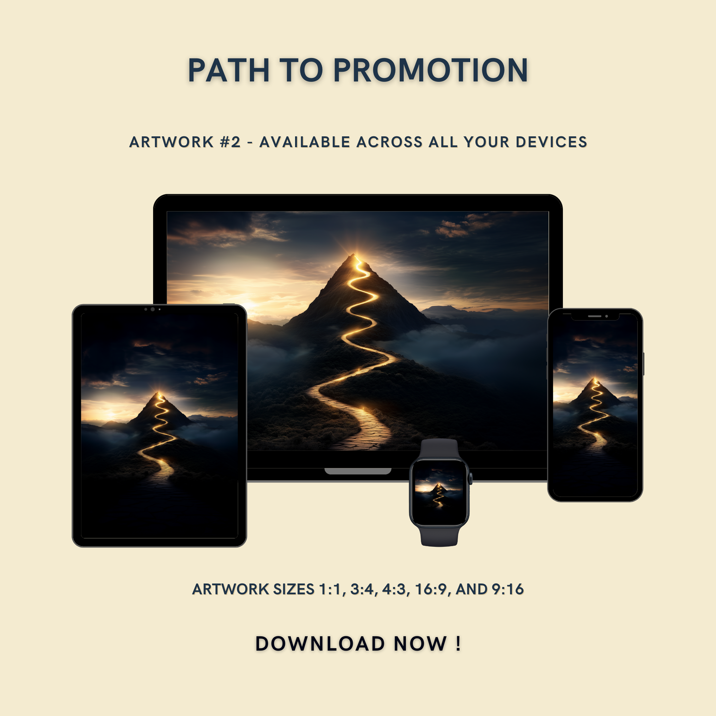 Path to Promotion Artwork #2 displayed on multiple devices including tablet, laptop, smartphone, and smartwatch, available in five sizes.