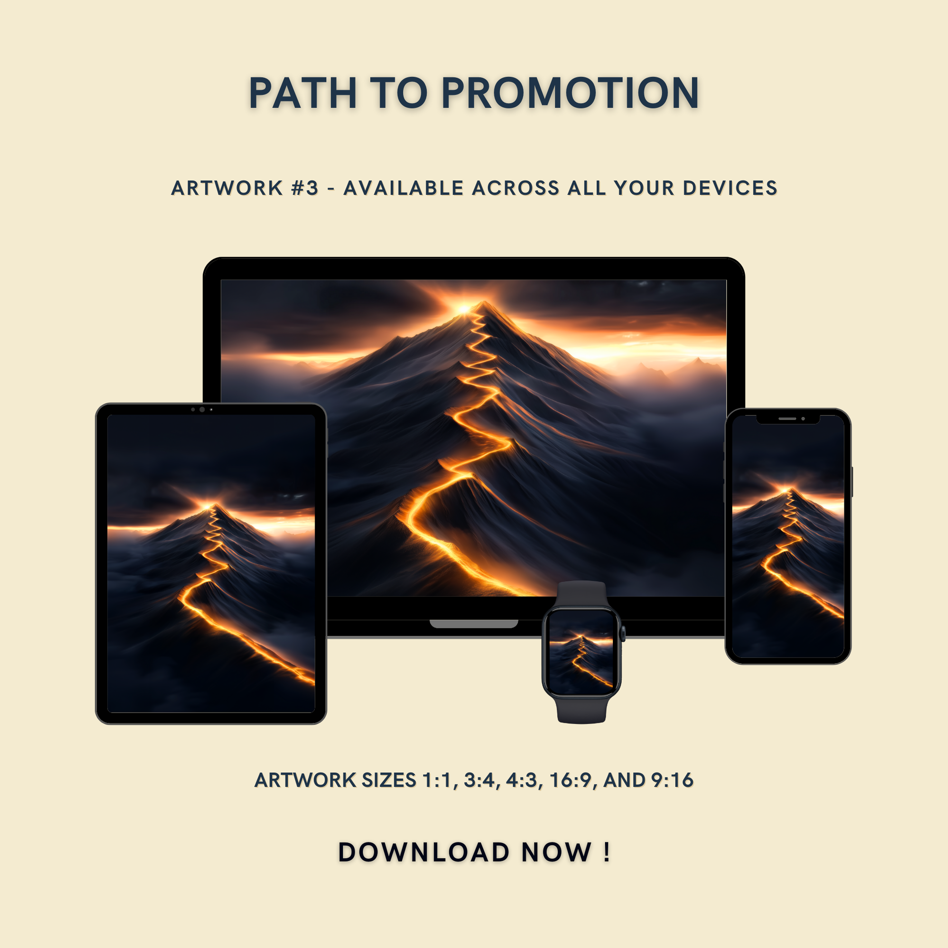 Path to Promotion Artwork #3 displayed on multiple devices including tablet, laptop, smartphone, and smartwatch, available in five sizes.