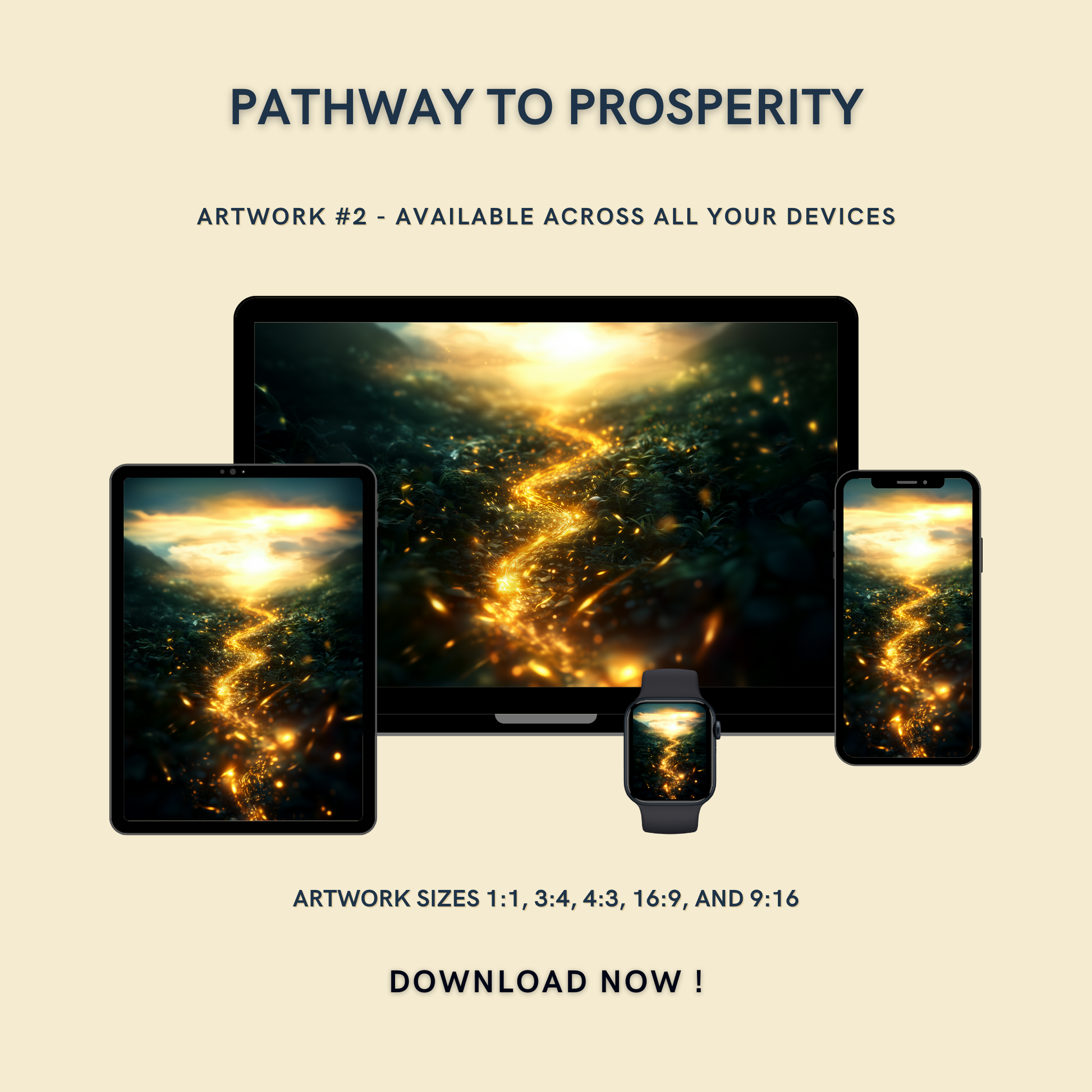 Pathway to Prosperity Artwork #2 displayed on multiple devices including tablet, laptop, smartphone, and smartwatch, available in five sizes.