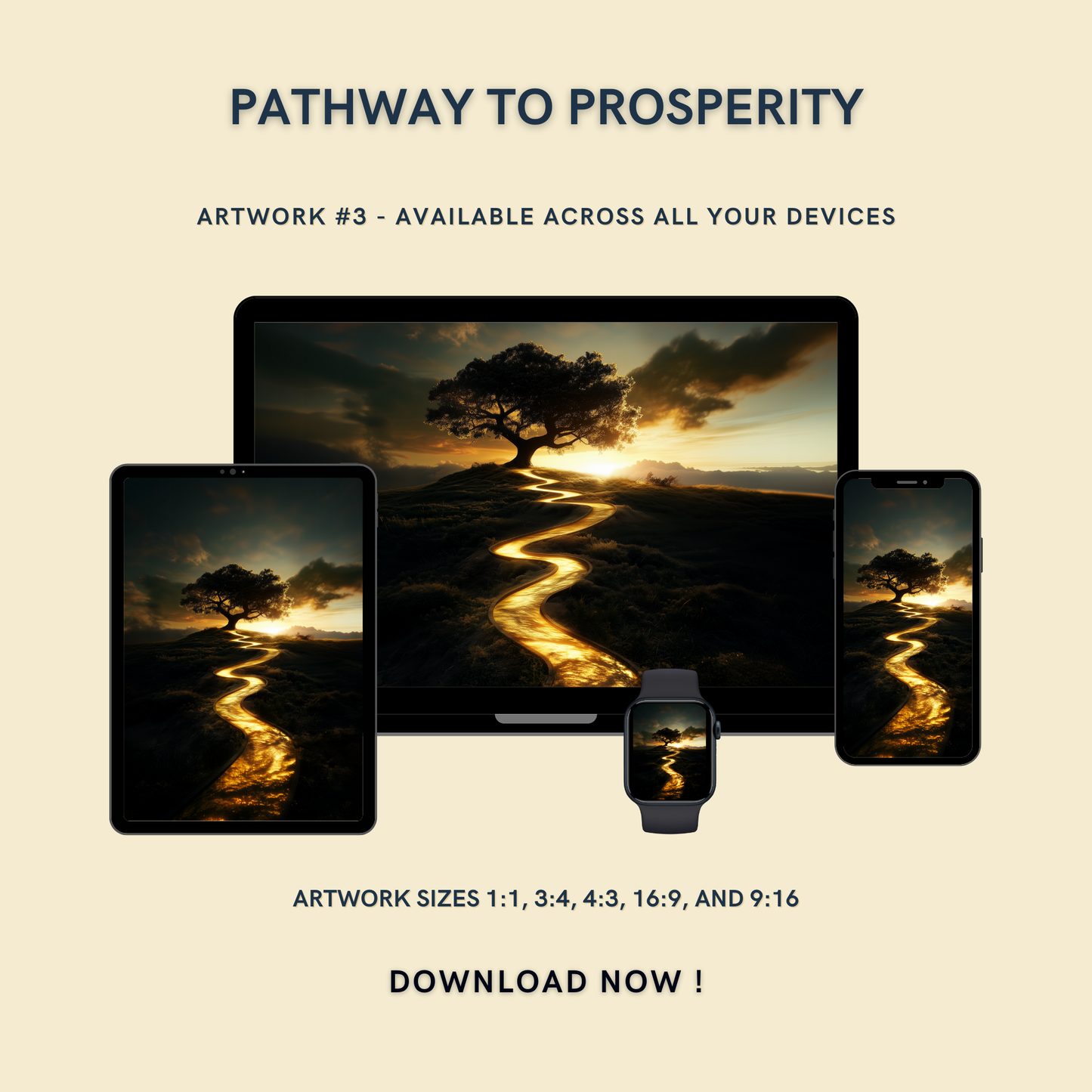 Pathway to Prosperity Artwork #3 displayed on multiple devices including tablet, laptop, smartphone, and smartwatch, available in five sizes.