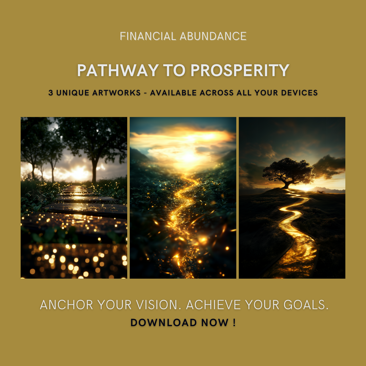 Pathway to Prosperity Bundle cover image showing three unique golden-path artworks for financial abundance and success.