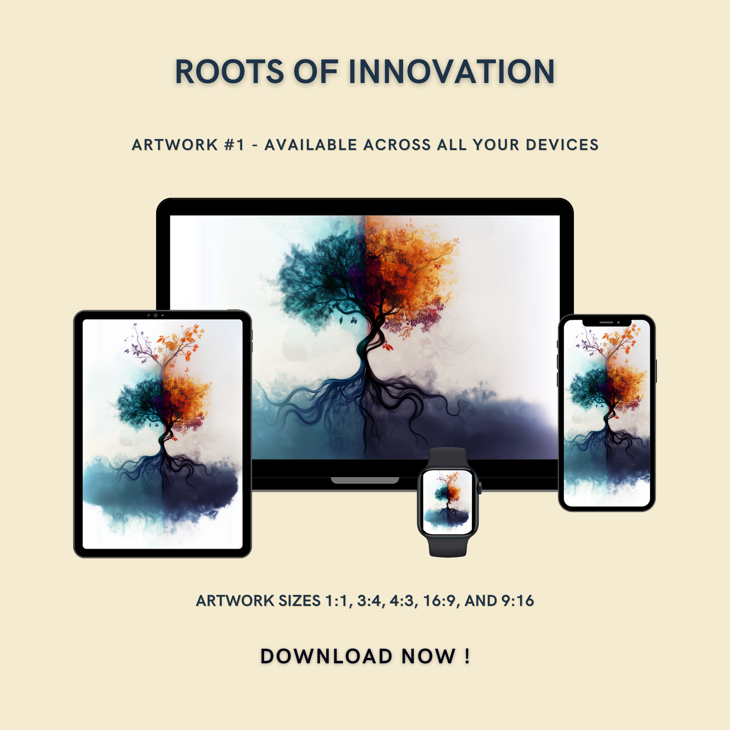 Roots of Innovation Artwork #1 displayed on multiple devices including tablet, laptop, smartphone, and smartwatch, available in five sizes.