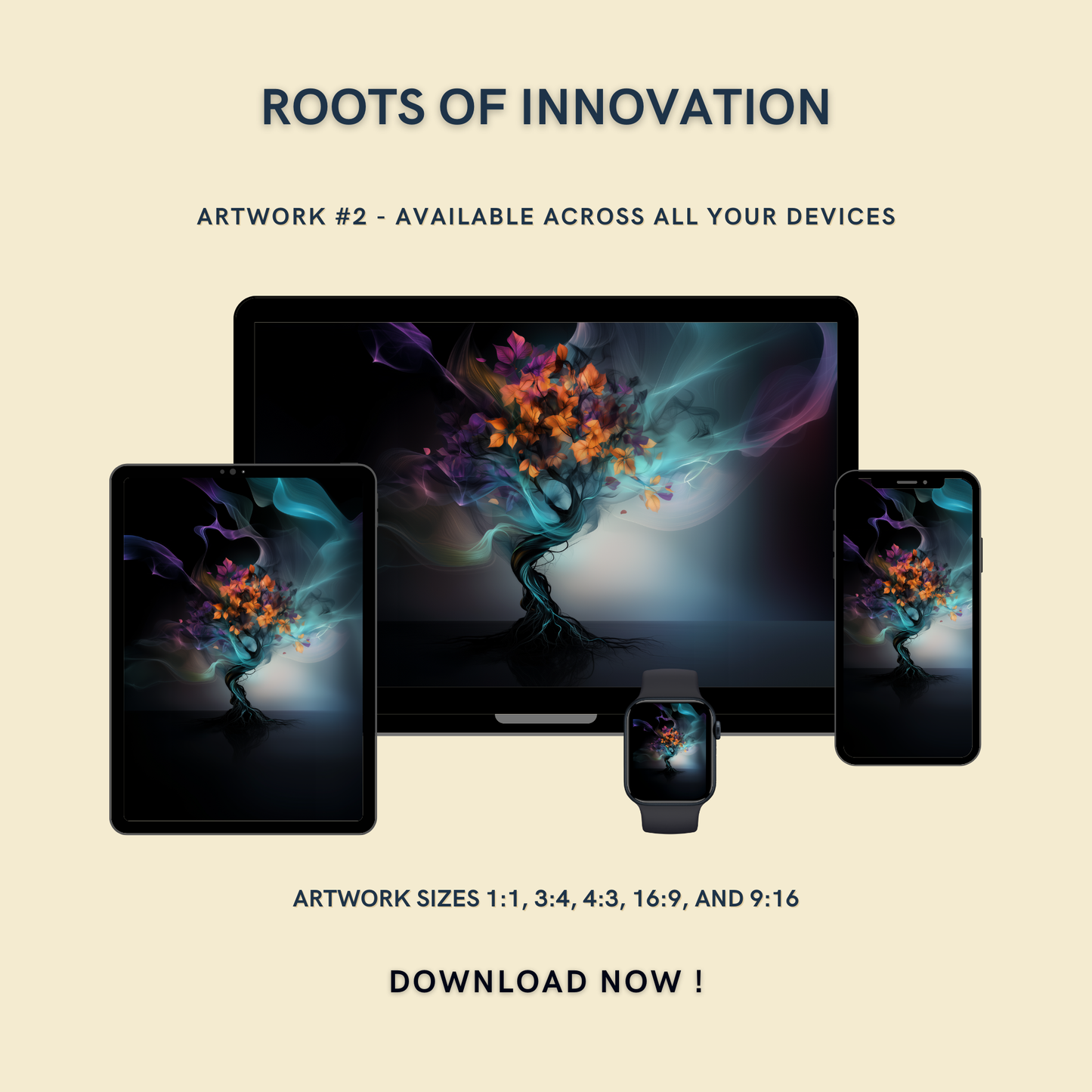 Roots of Innovation Artwork #2 displayed on multiple devices including tablet, laptop, smartphone, and smartwatch, available in five sizes.