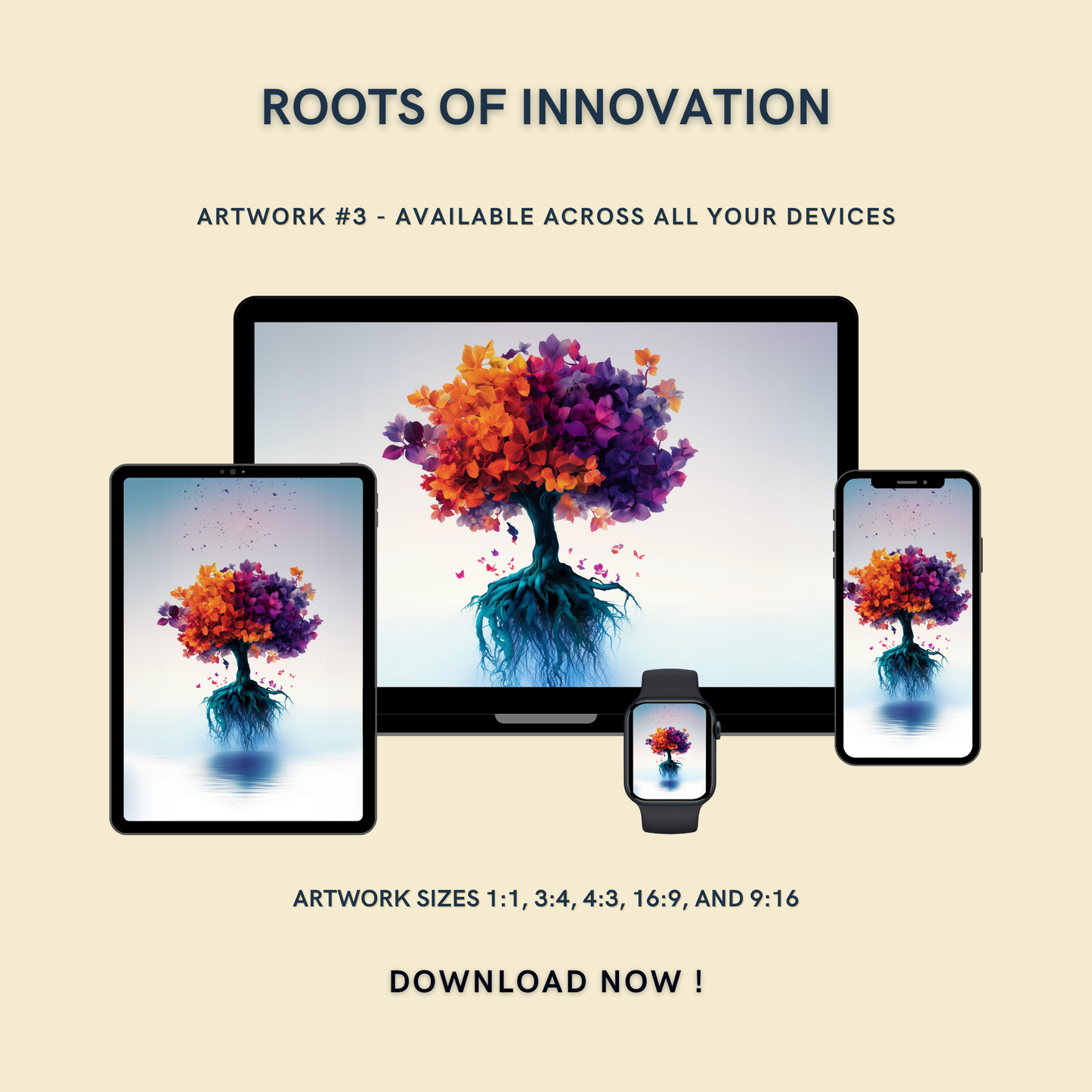 Roots of Innovation Artwork #3 displayed on multiple devices including tablet, laptop, smartphone, and smartwatch, available in five sizes.