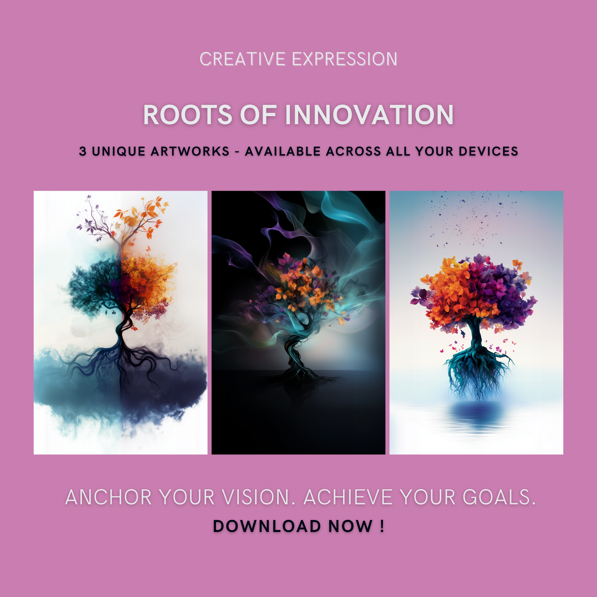 Roots of Innovation Bundle cover image showing three unique tree-themed artworks symbolizing creativity, resilience, and growth.