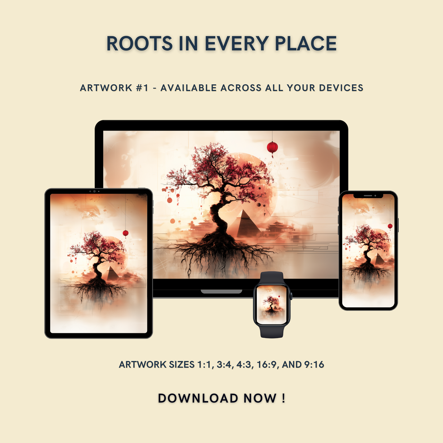 Roots in Every Place Artwork #1 displayed on multiple devices including tablet, laptop, smartphone, and smartwatch, available in five sizes.