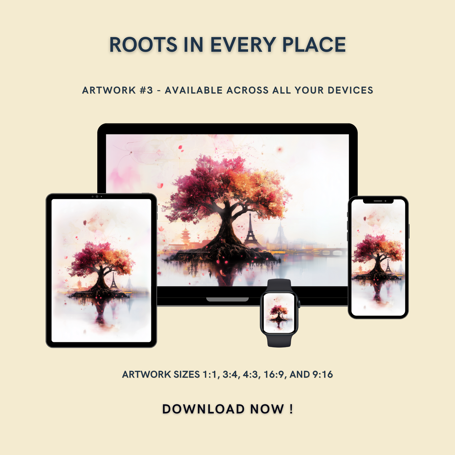 Roots in Every Place Artwork #3 displayed on multiple devices including tablet, laptop, smartphone, and smartwatch, available in five sizes.