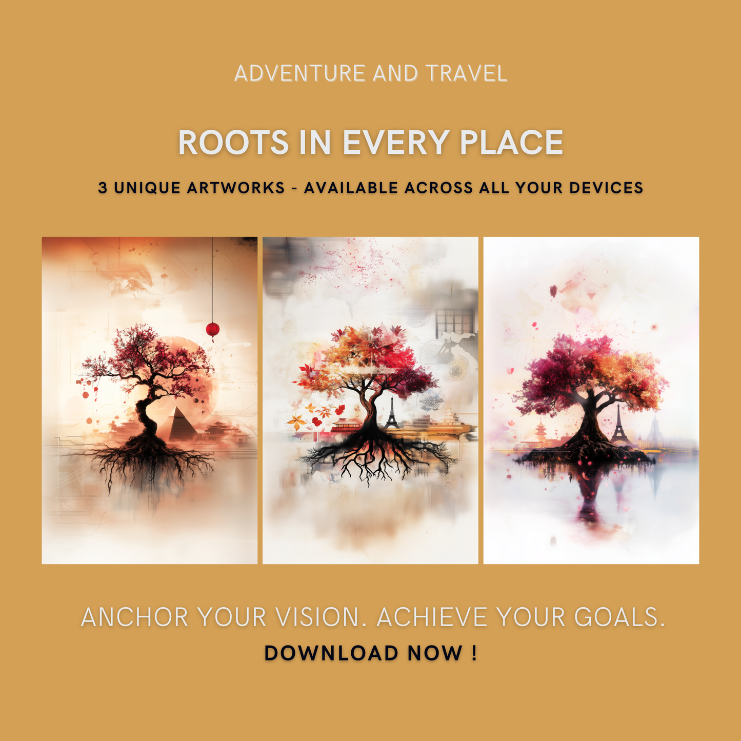 Roots in Every Place Bundle cover image showing three unique artworks of a tree with deep roots amidst different iconic global landmarks for growth, connection, and cultural appreciation.