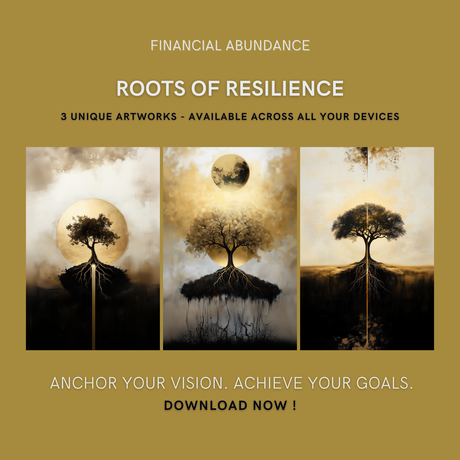 Roots of Resilience Bundle cover image showing three unique tree and root artworks for personal growth and strength.