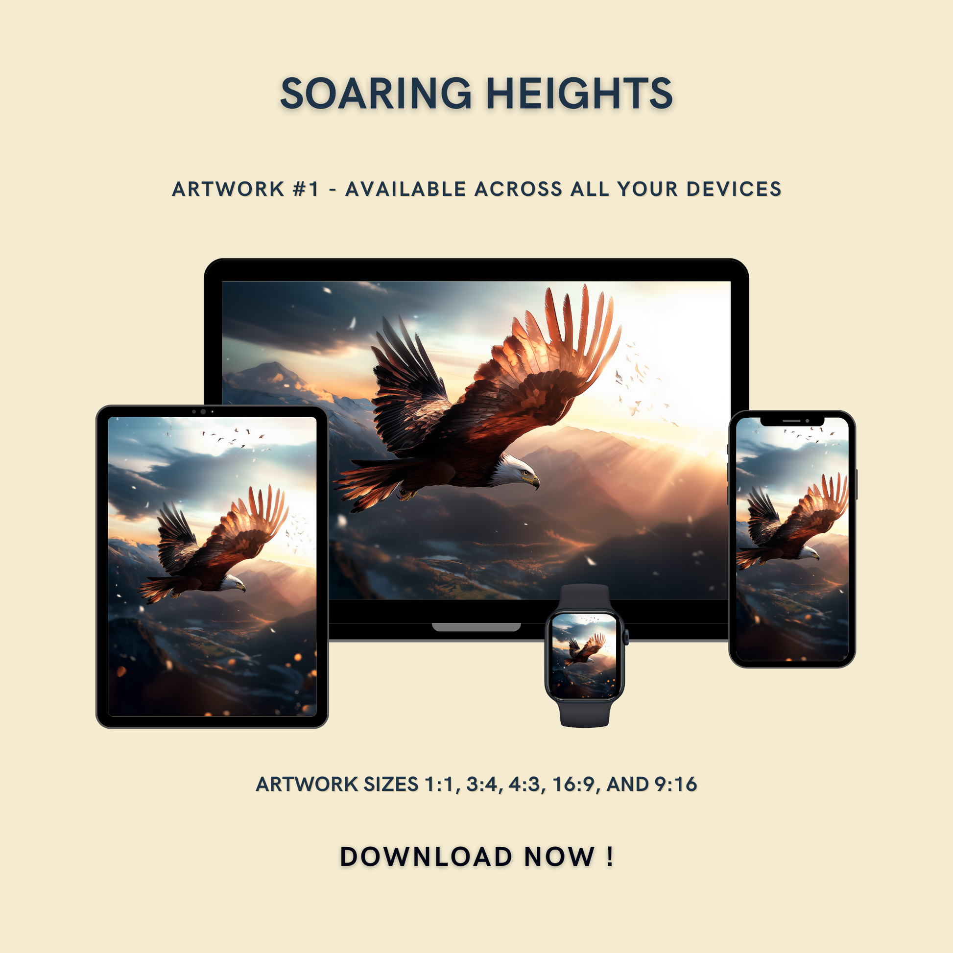 Soaring Heights Artwork #1 displayed on multiple devices including tablet, laptop, smartphone, and smartwatch, available in five sizes.