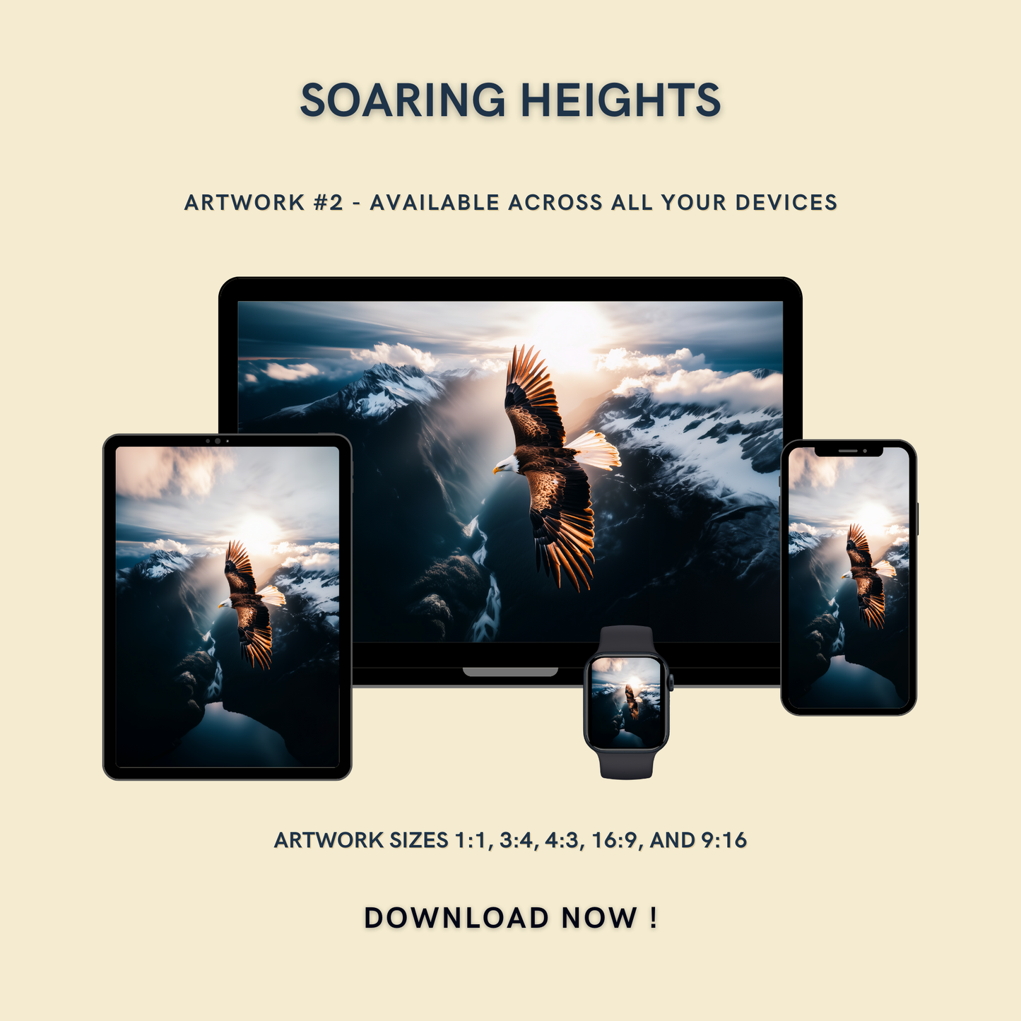 Soaring Heights Artwork #2 displayed on multiple devices including tablet, laptop, smartphone, and smartwatch, available in five sizes.