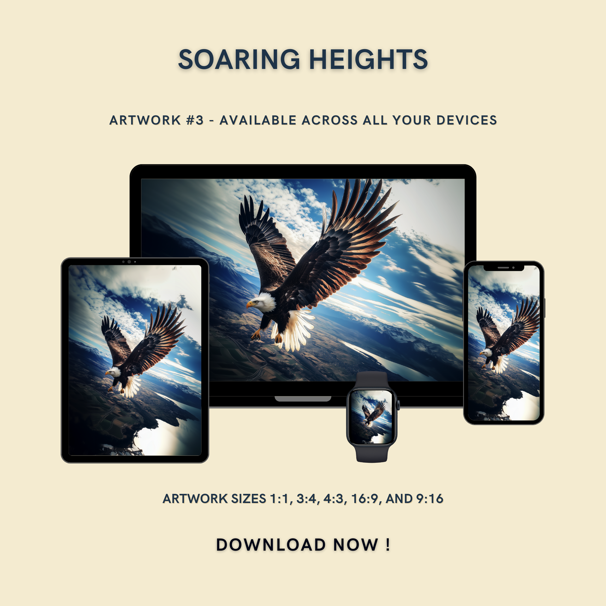 Soaring Heights Artwork #3 displayed on multiple devices including tablet, laptop, smartphone, and smartwatch, available in five sizes.