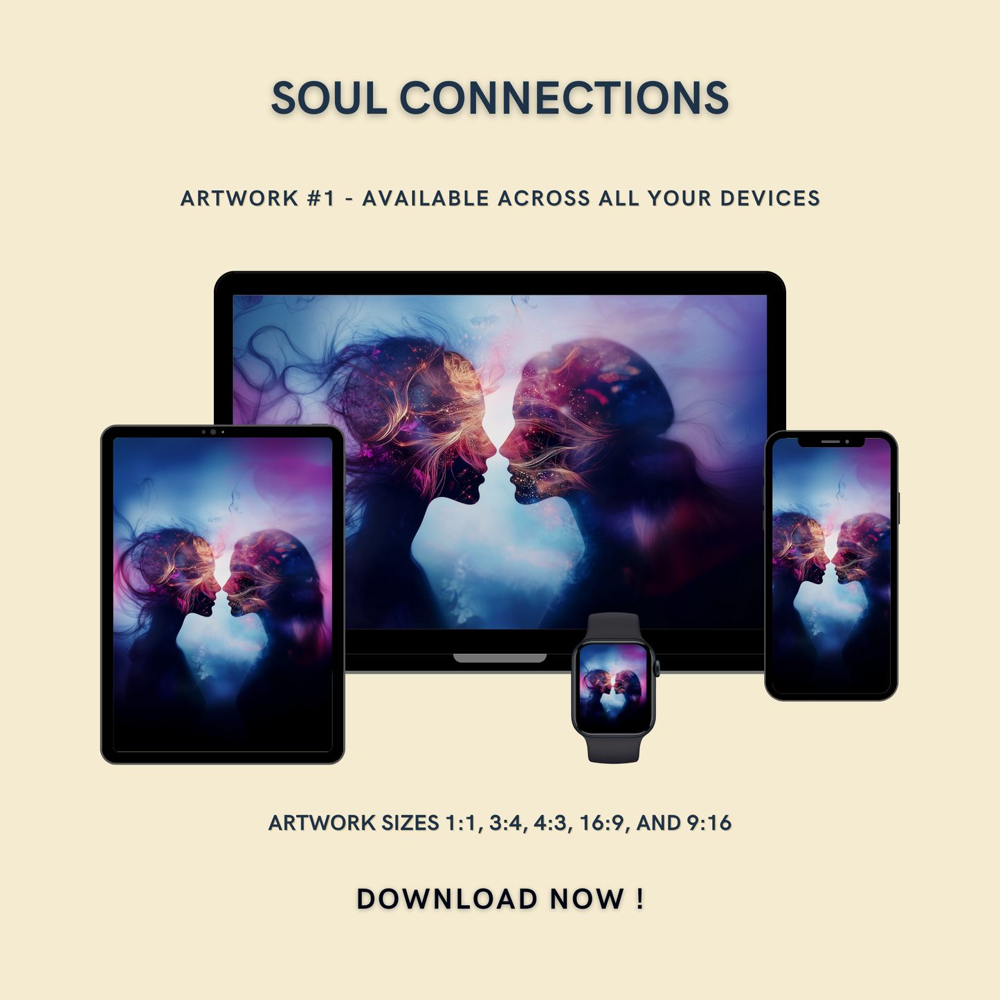 Soul Connections Artwork #1 displayed on multiple devices including tablet, laptop, smartphone, and smartwatch, available in five sizes.