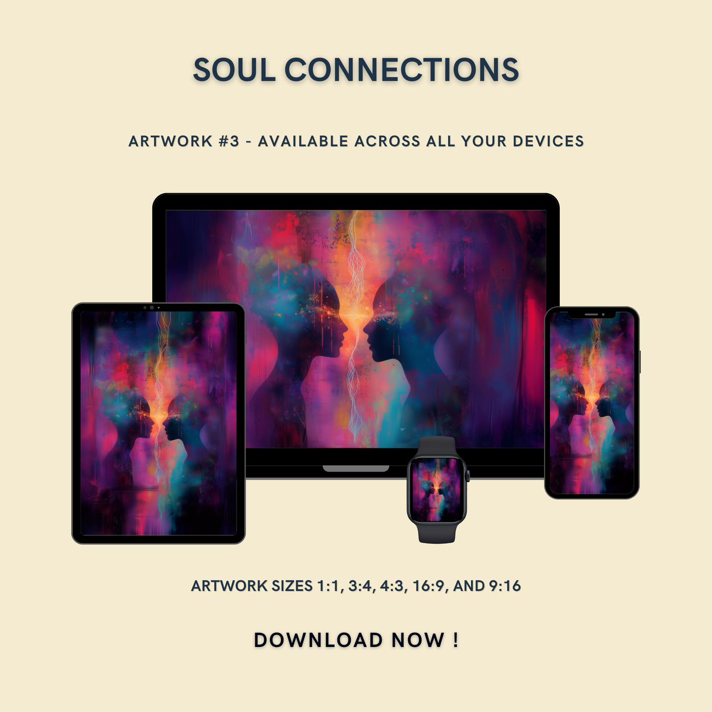 Soul Connections Artwork #3 displayed on multiple devices including tablet, laptop, smartphone, and smartwatch, available in five sizes.