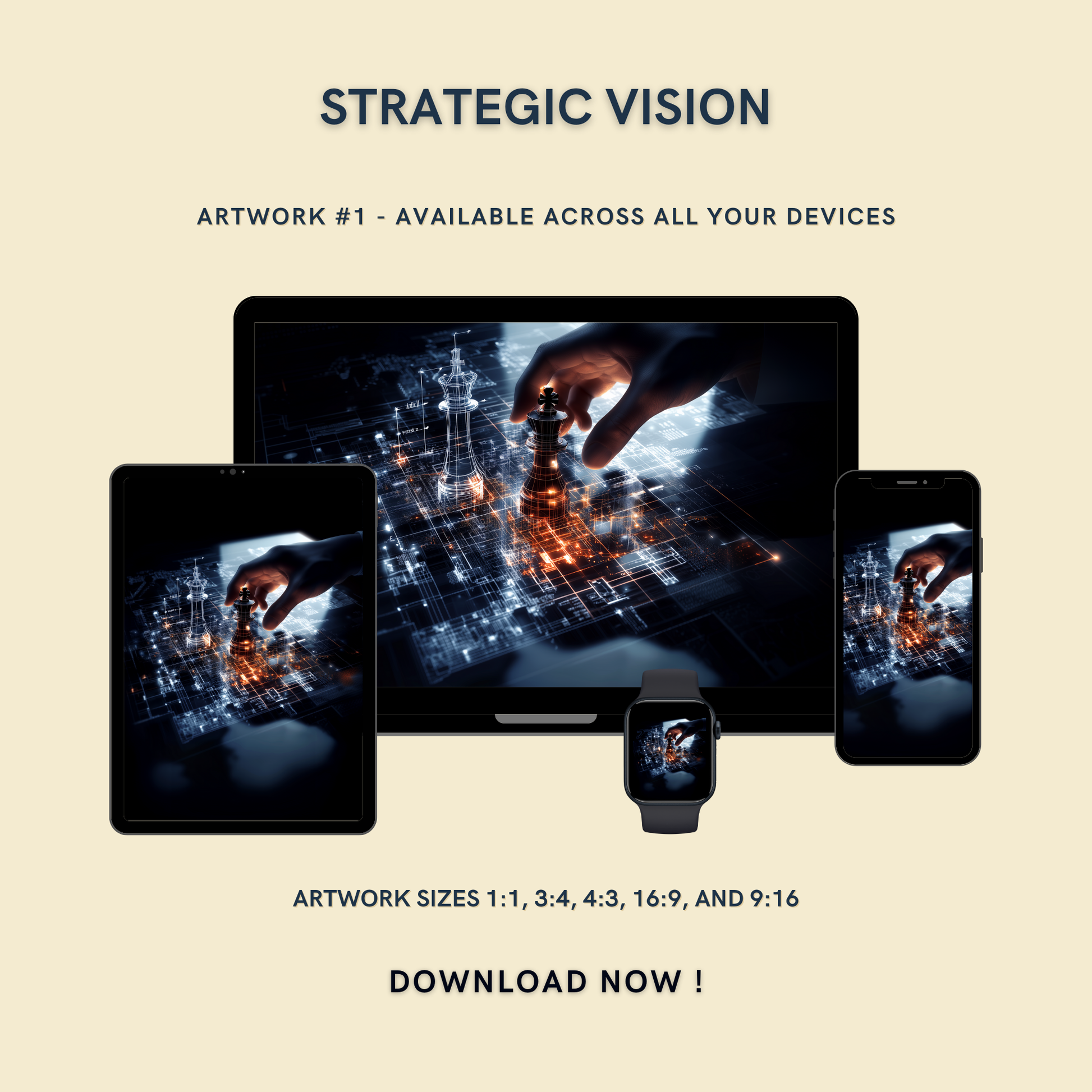 Strategic Vision Artwork #1 displayed on multiple devices including tablet, laptop, smartphone, and smartwatch, available in five sizes.