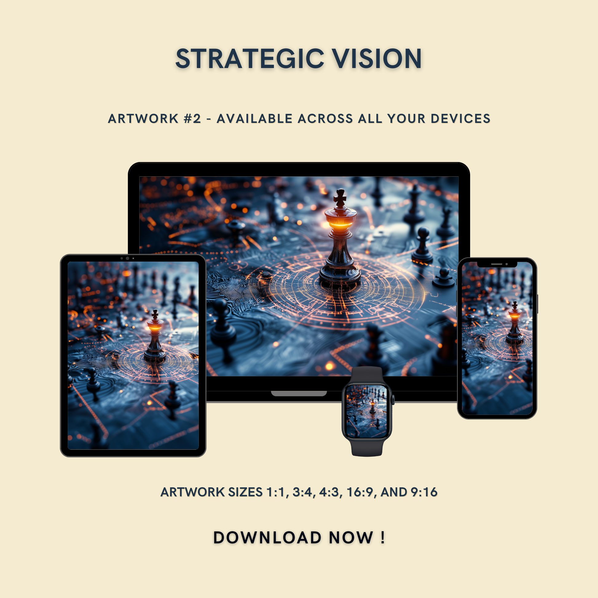 Strategic Vision Artwork #2 displayed on multiple devices including tablet, laptop, smartphone, and smartwatch, available in five sizes.