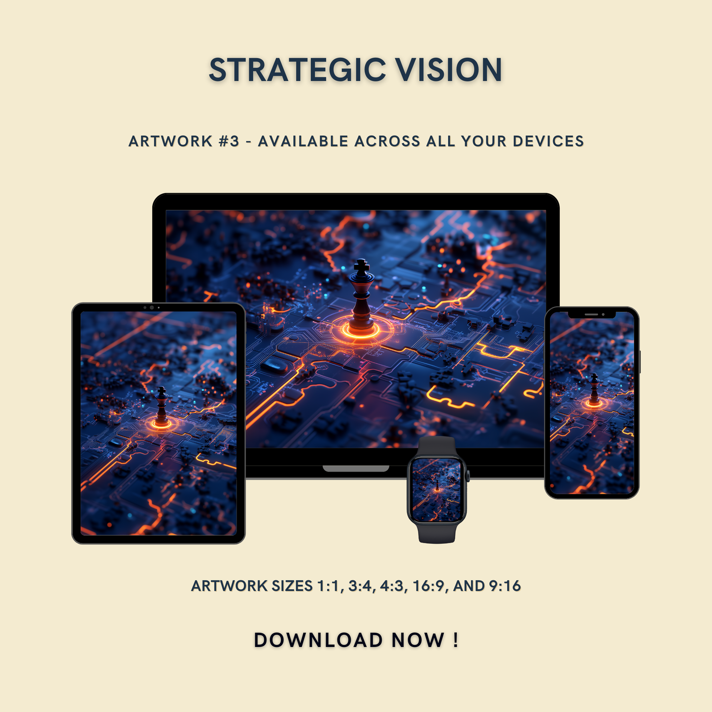 Strategic Vision Artwork #3 displayed on multiple devices including tablet, laptop, smartphone, and smartwatch, available in five sizes.