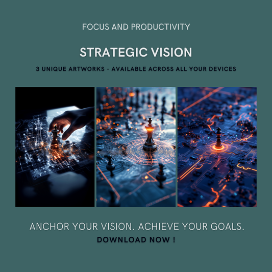 Strategic Vision Bundle cover image showing three unique strategy-themed artworks for Focus and Productivity.