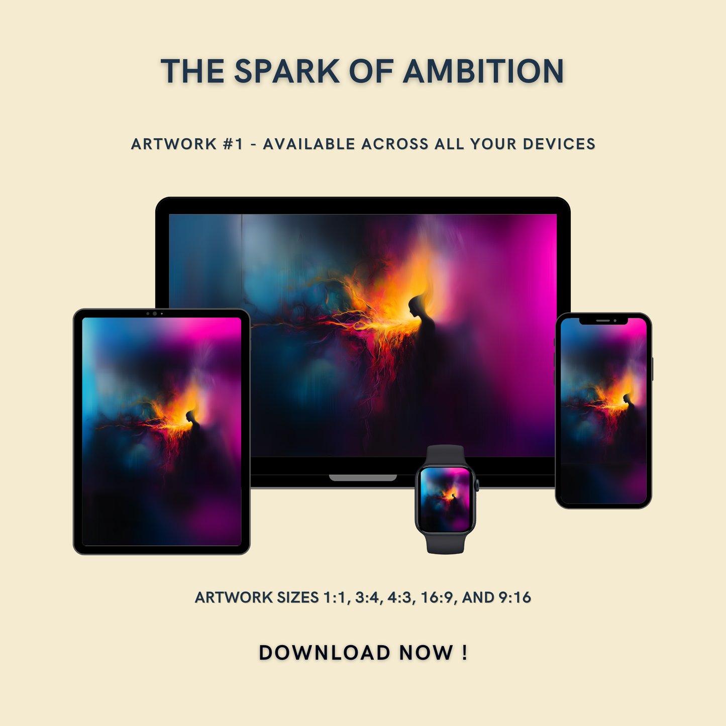 The Spark of Ambition Artwork #1 displayed on multiple devices including tablet, laptop, smartphone, and smartwatch, available in five sizes.