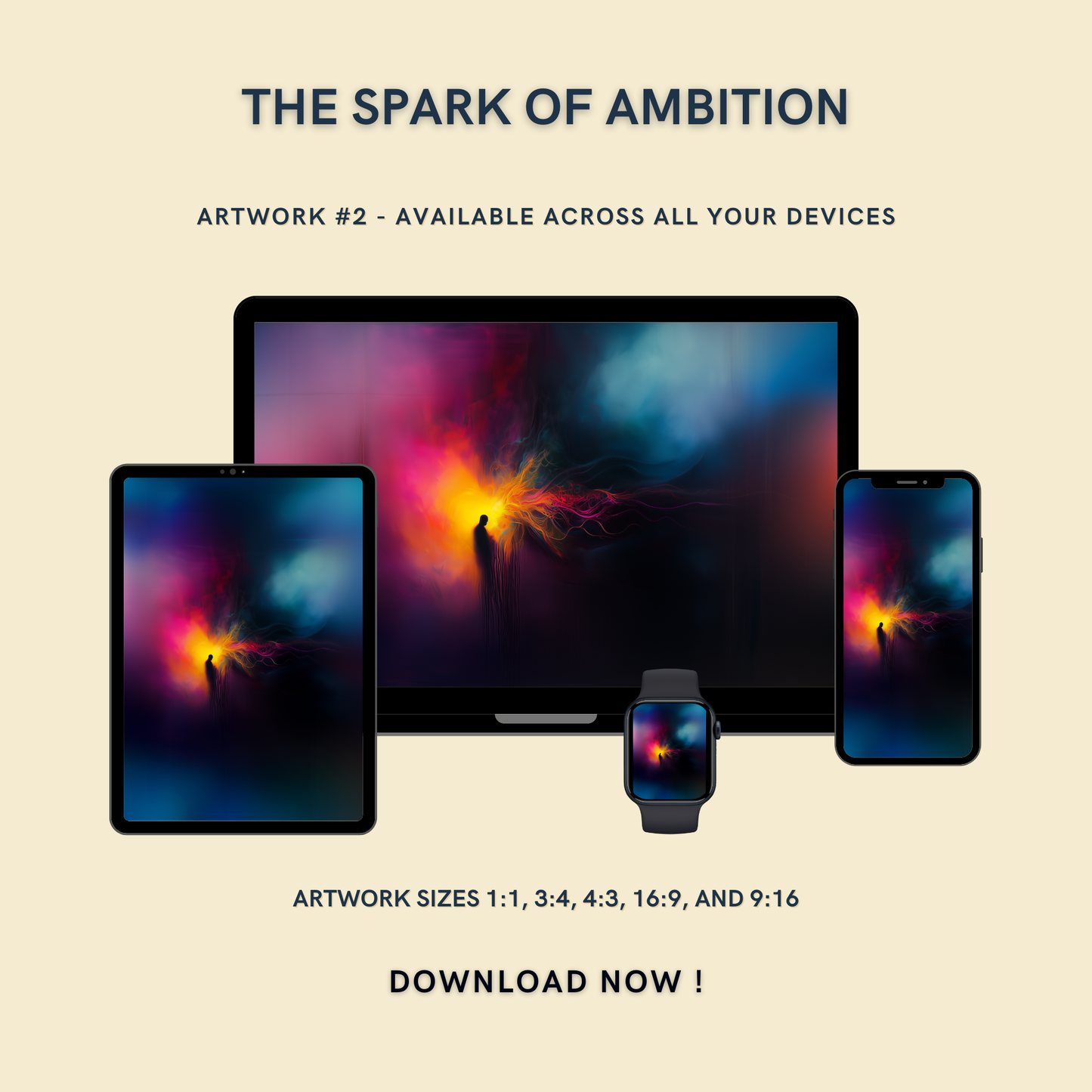 The Spark of Ambition Artwork #2 displayed on multiple devices including tablet, laptop, smartphone, and smartwatch, available in five sizes.