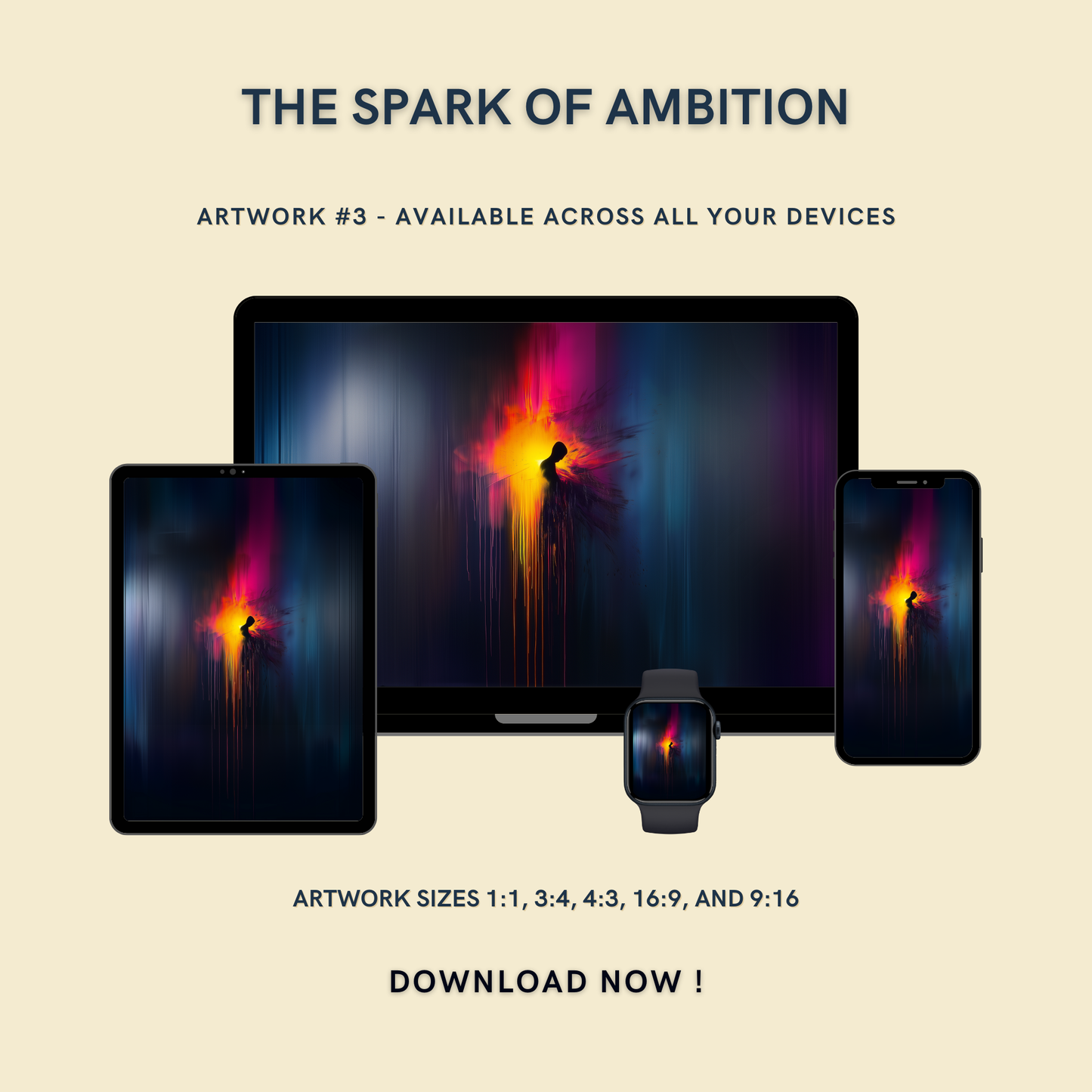 The Spark of Ambition Artwork #3 displayed on multiple devices including tablet, laptop, smartphone, and smartwatch, available in five sizes.