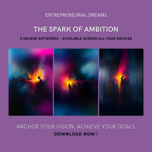 The Spark of Ambition Bundle cover image showing three vibrant artworks illustrating the journey of ambition and inner potential for self-discovery and personal success.