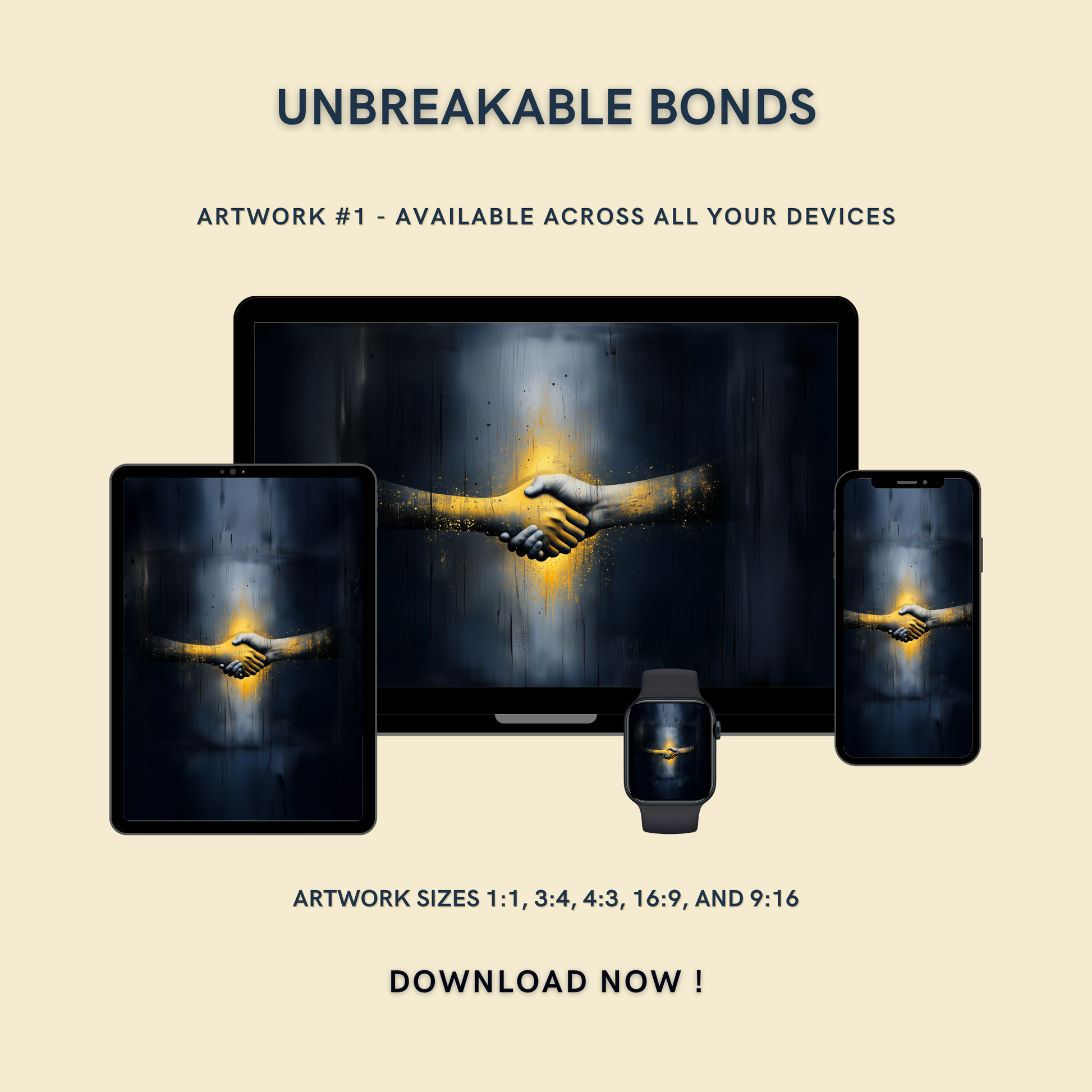 Unbreakable Bonds Artwork #1 displayed on multiple devices including tablet, laptop, smartphone, and smartwatch, available in five sizes.